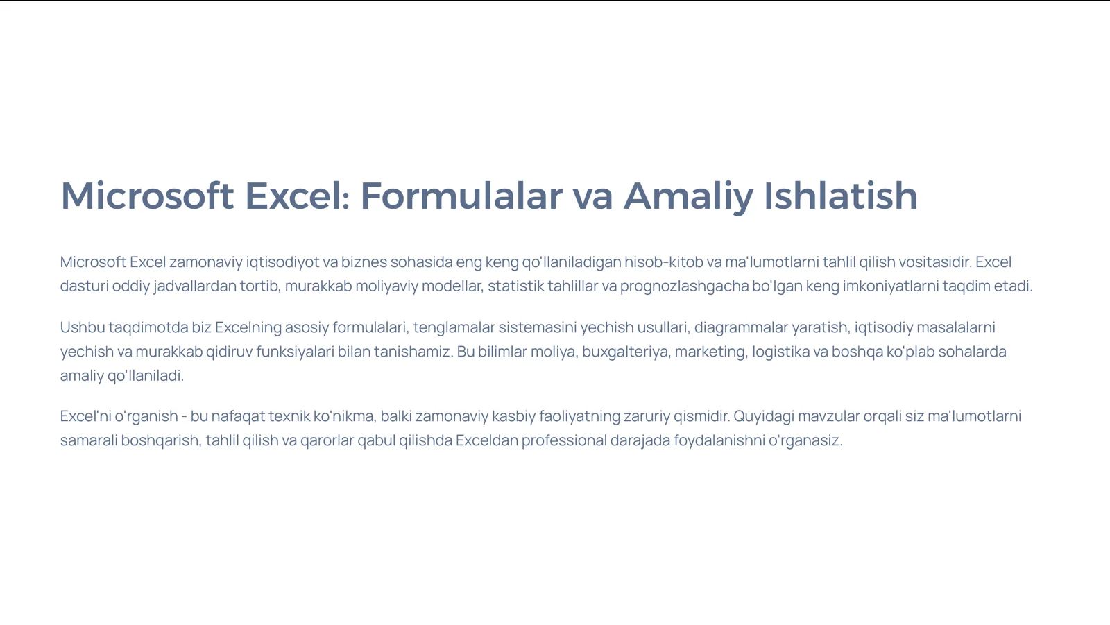 Microsoft Excel: Formulalar va Amaliy Ishlatish