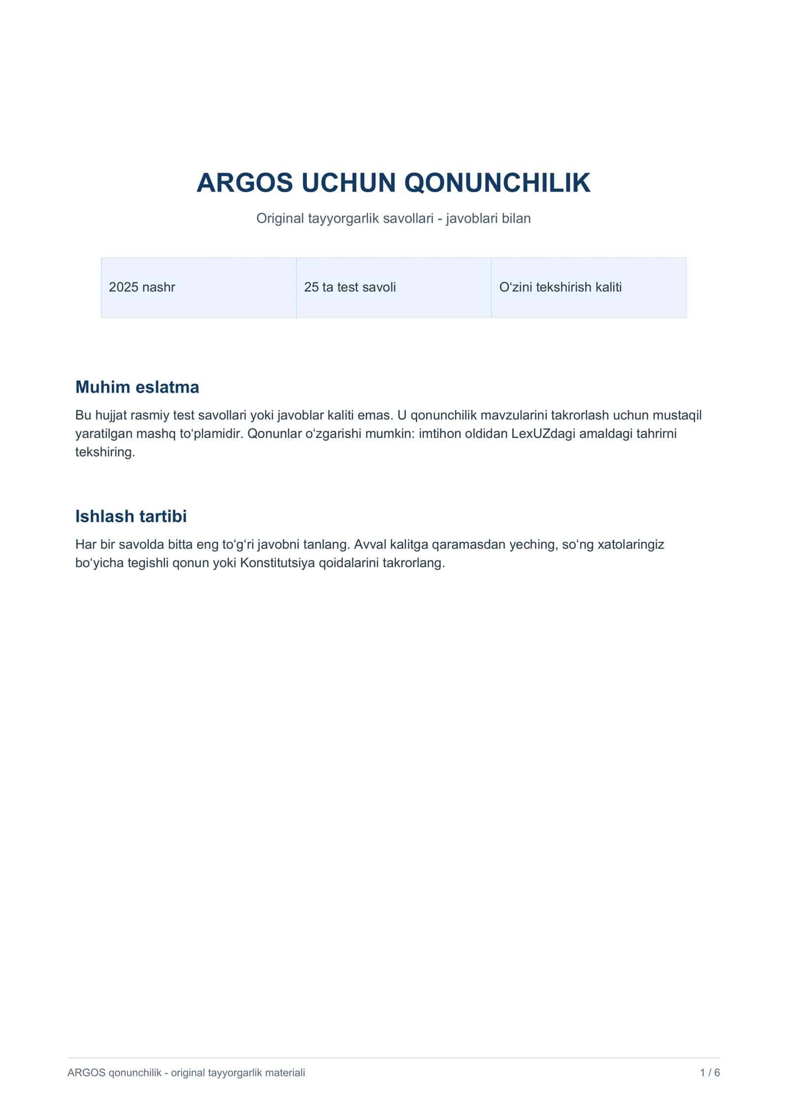 ARGOS Davlat xizmatini rivojlantirish agentligi test savollari va javoblari (Qonunchilik - 2025/2026)
