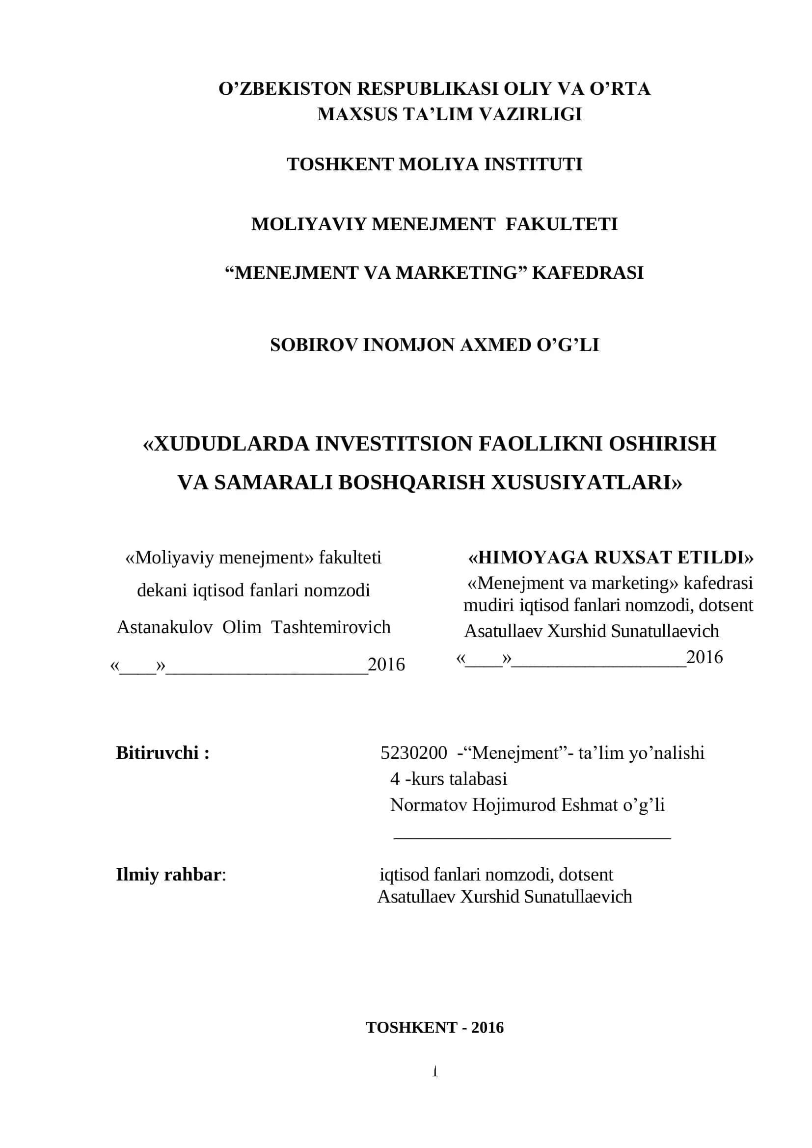 XUDUDLARDA INVESTITSION FAOLLIKNI OSHIRISH VA SAMARALI BOSHQARISH XUSUSIYATLARI