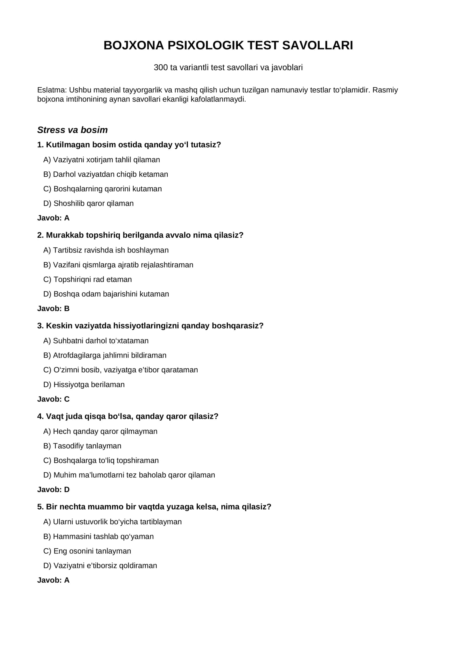 Bojxona psixologik test savollari — 300 ta test va javoblari