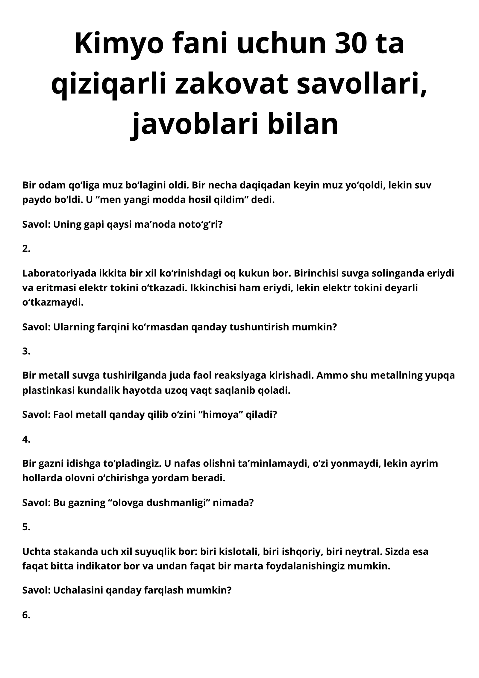 Kimyo fanidan zakovat savollari