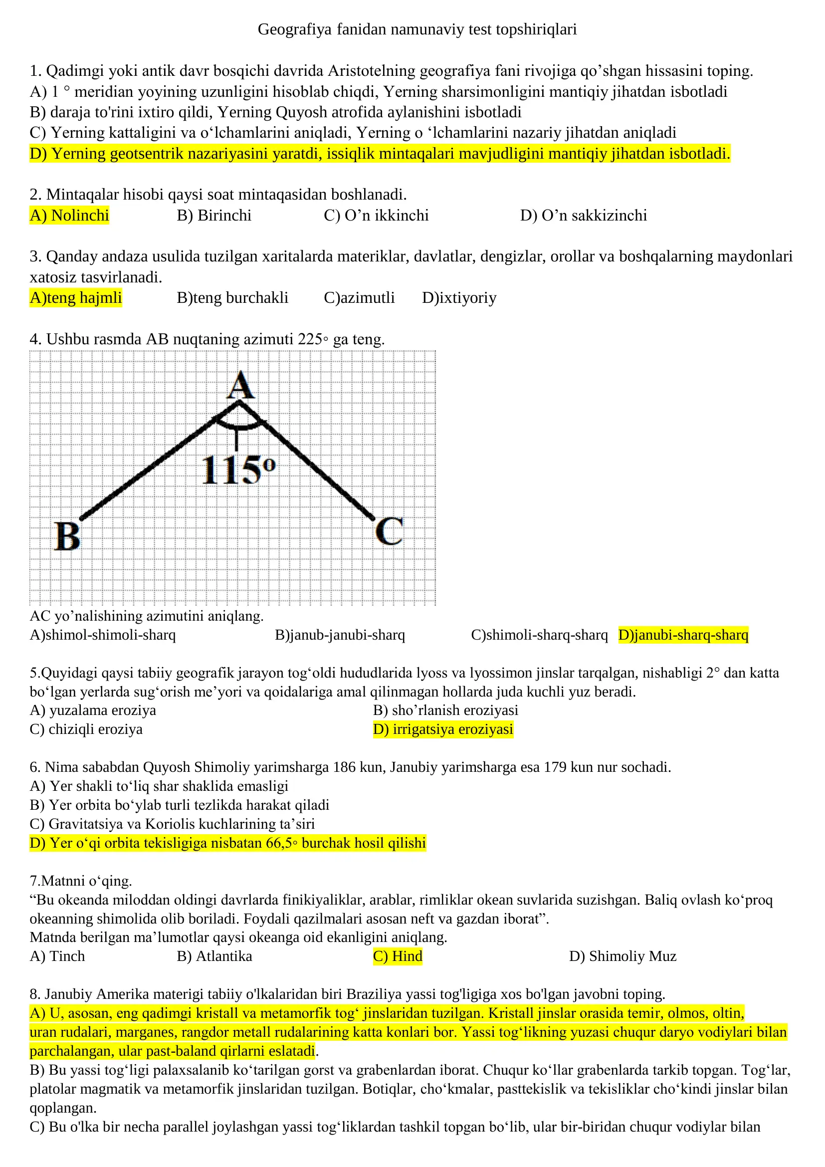 Geografiya fanidan namunaviy test topshiriqlari