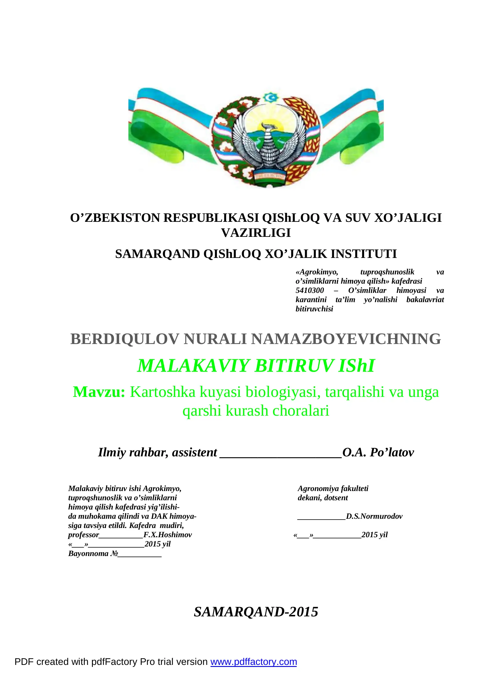 Kartoshka kuyasi biologiyasi, tarqalishi va unga qarshi kurash choralari