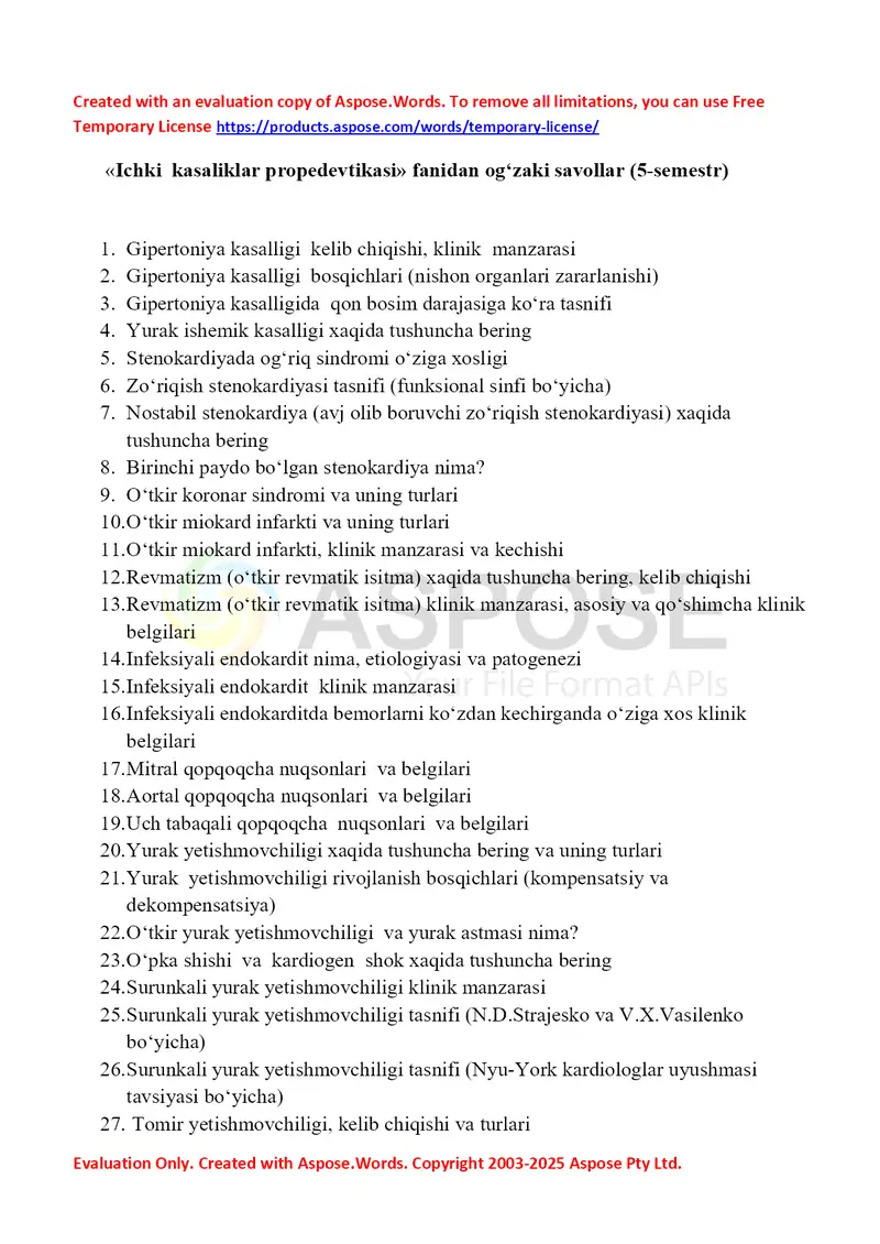 Ichki kasaliklar propedevtikasi fanidan og‘zaki savollar (5-semestr)