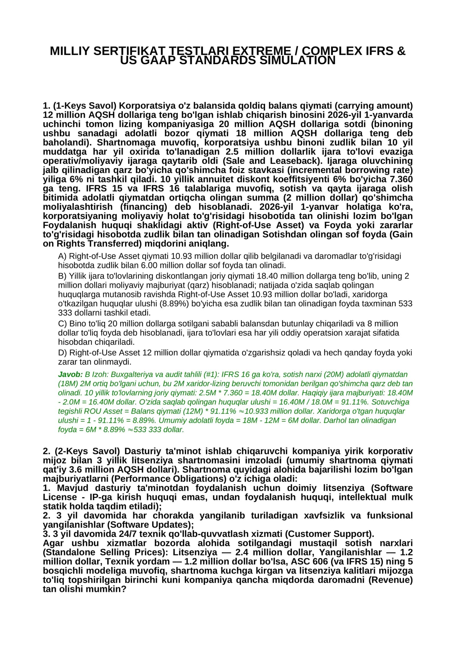 MILLIY SERTIFIKAT TESTLARI EXTREME / COMPLEX IFRS & US GAAP STANDARDS SIMULATION
