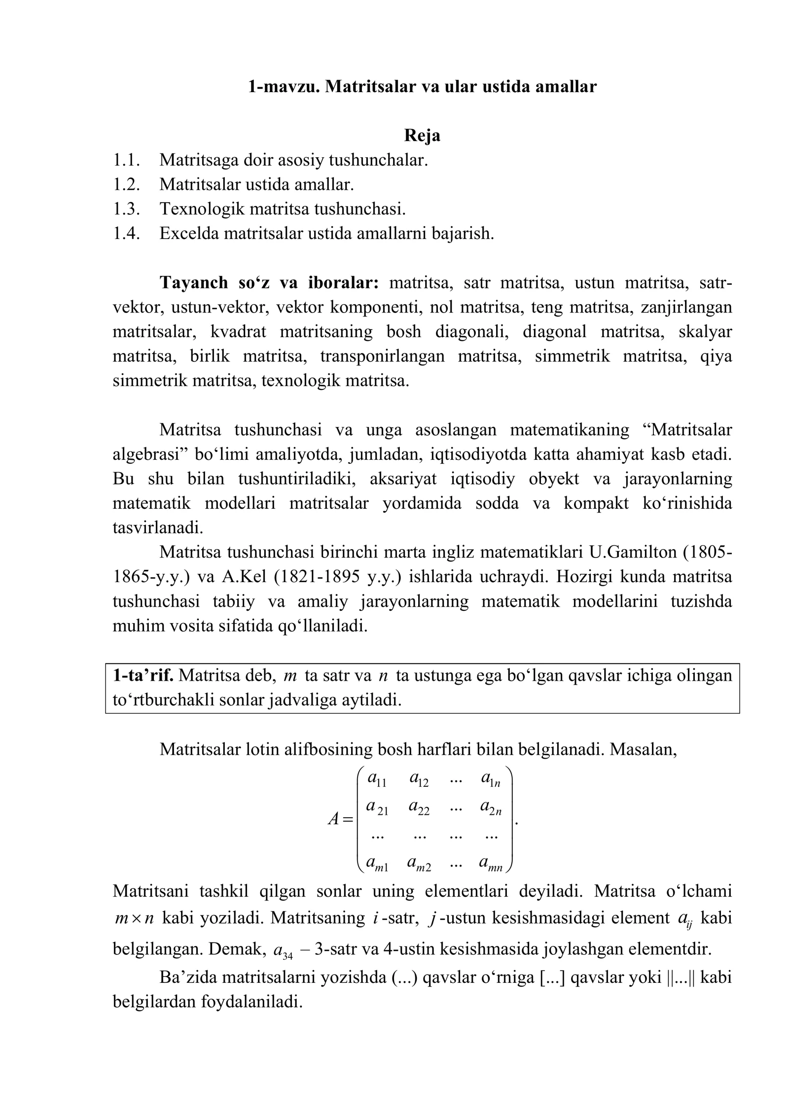 Matritsalar va ular ustida amallar