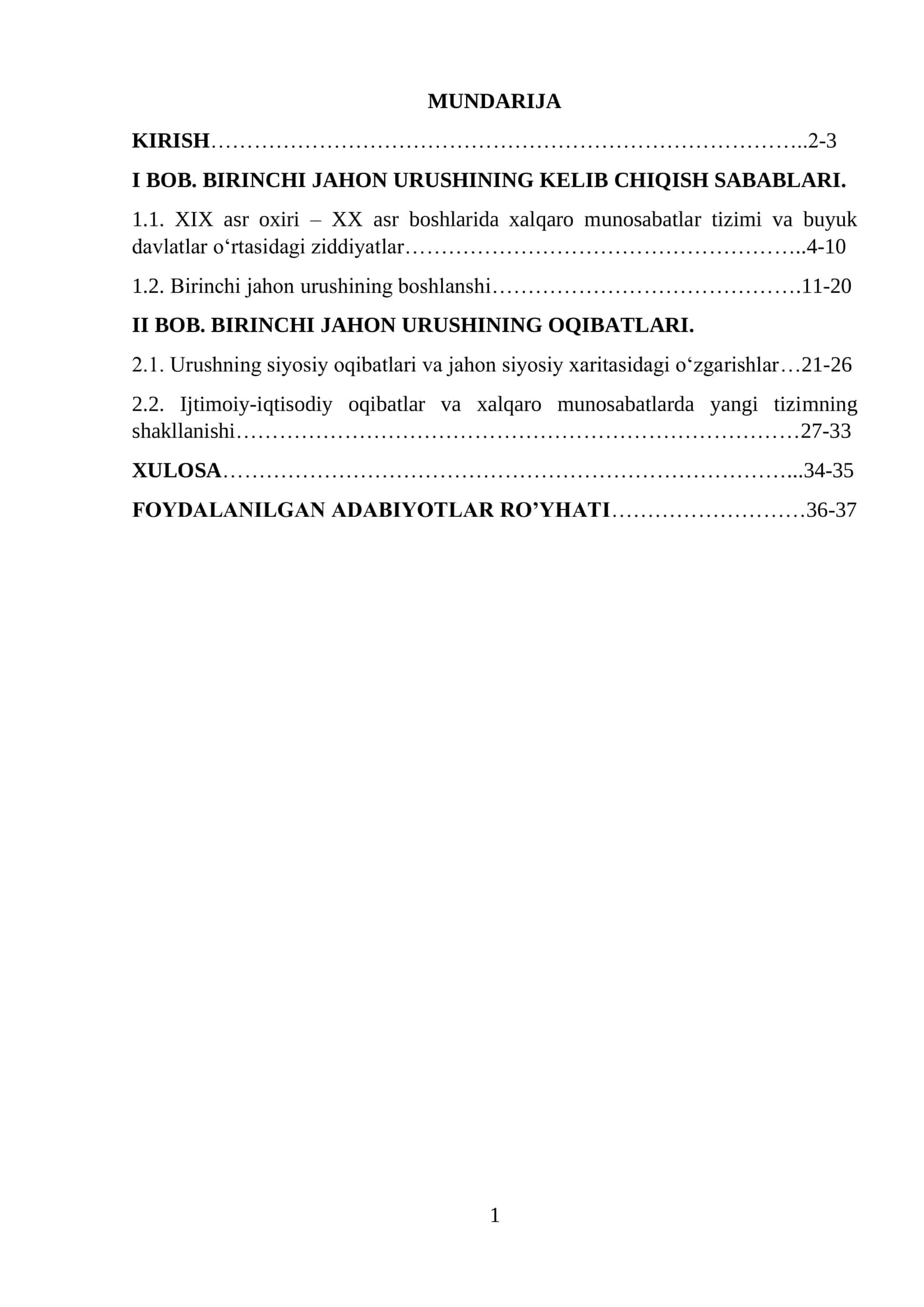 BIRINCHI JAHON URUSHINING KELIB CHIQISH SABABLARI va OQIBATLARI