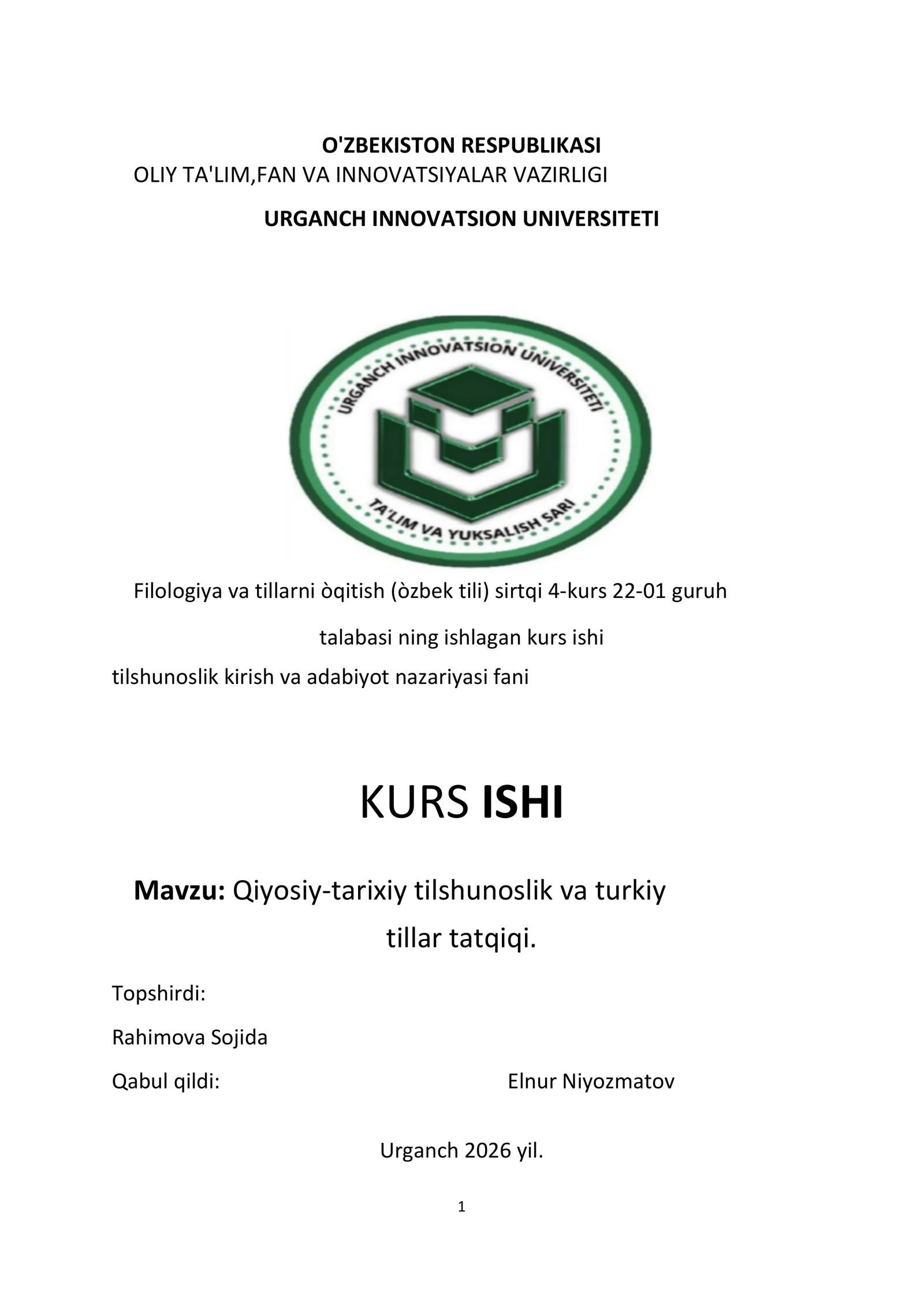 Filologiya va tillarni òqitish (òzbek tili) sirtqi 4-kurs 22-01 guruh talabasi ning ishlagan kurs ishi