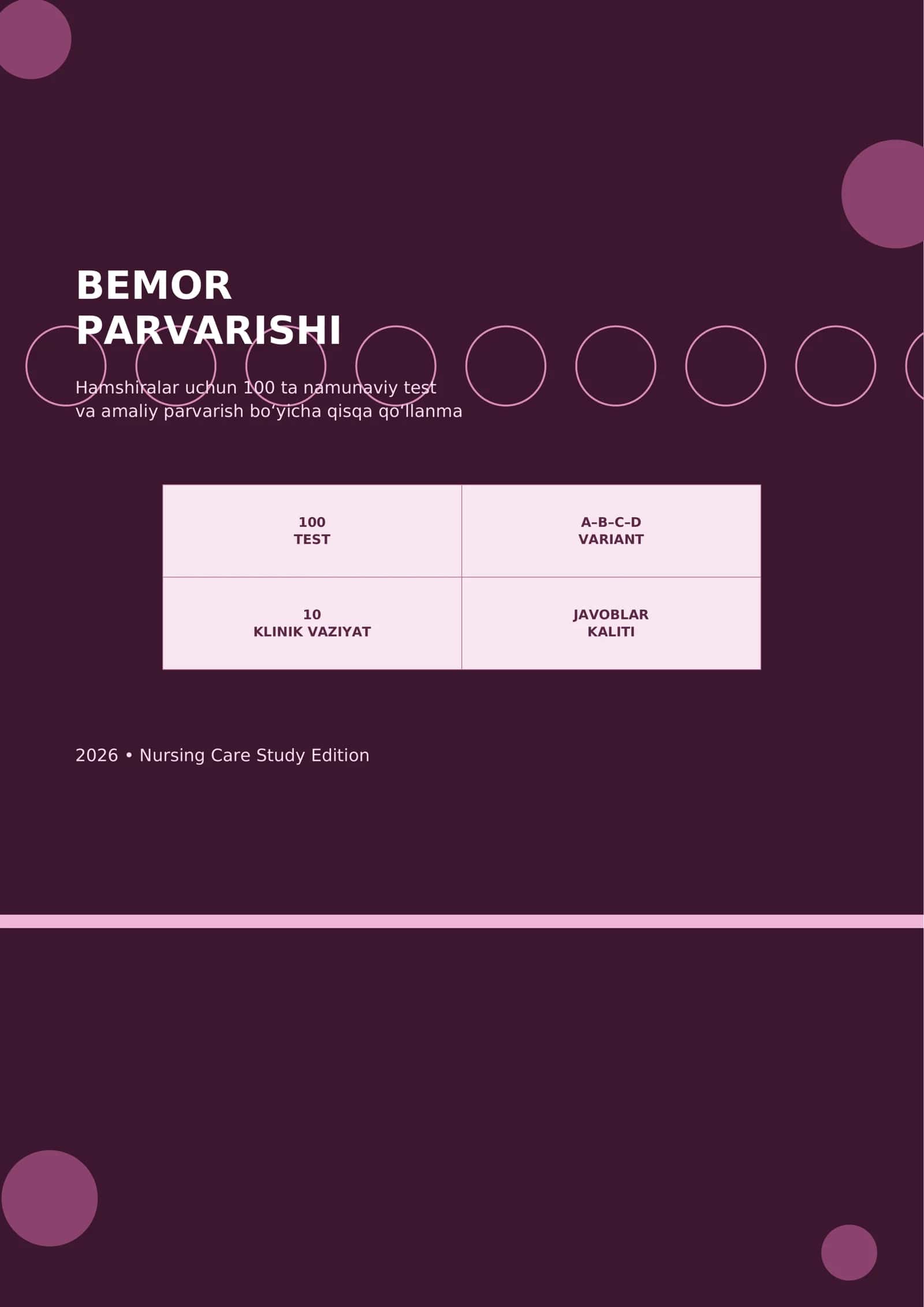 BEMOR PARVARISHI Hamshiralar uchun 100 ta namunaviy test
va amaliy parvarish bo‘yicha qisqa qo‘ll