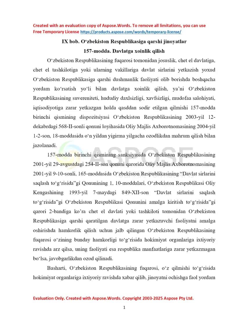 157-modda. Davlatga xoinlik qilish