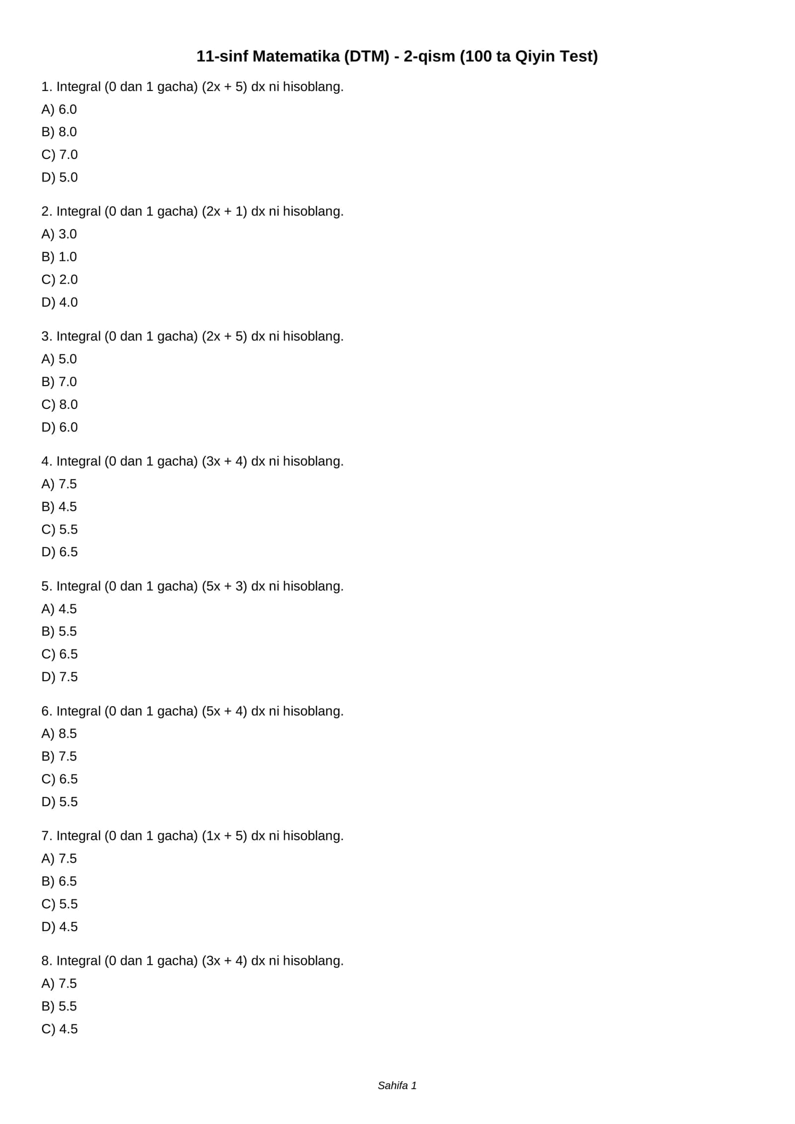 11-sinf Matematika (DTM) - 2-qism (100 ta Qiyin Test)