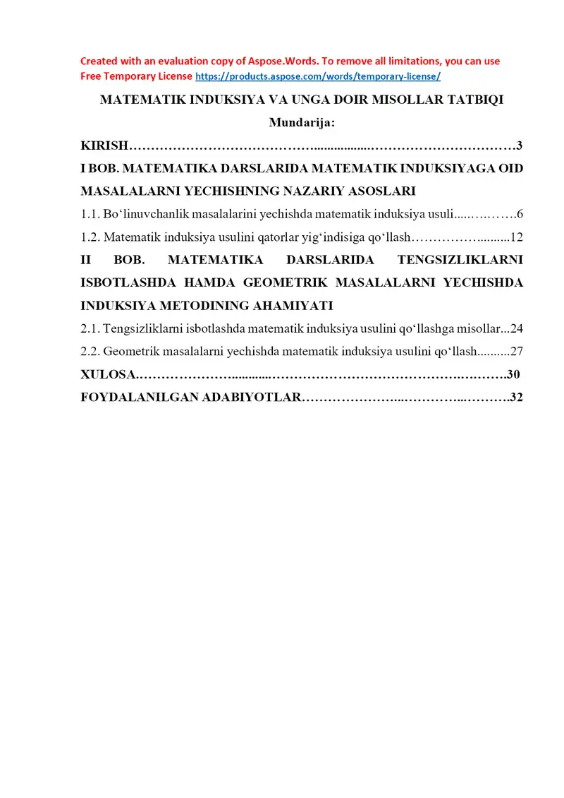 Matematik Induksiya va unga doir misollar tatbiqi