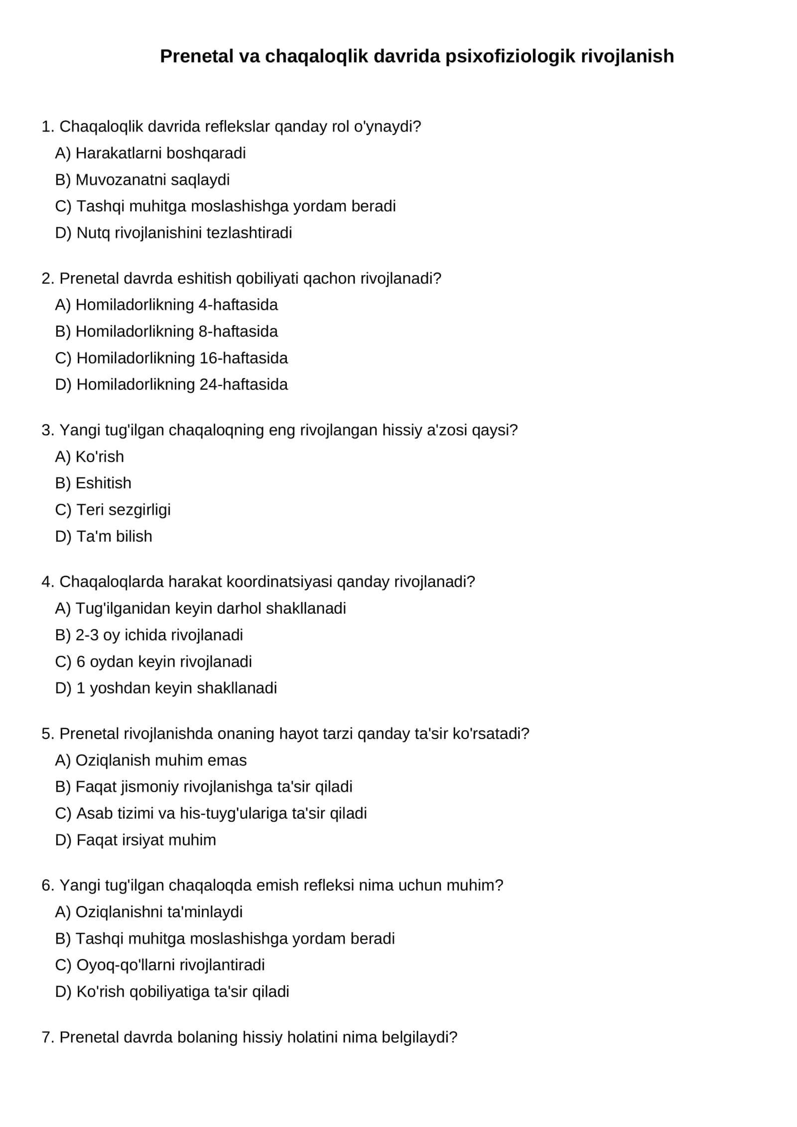 Prenetal va chaqaloqlik davrida psixofiziologik rivojlanish