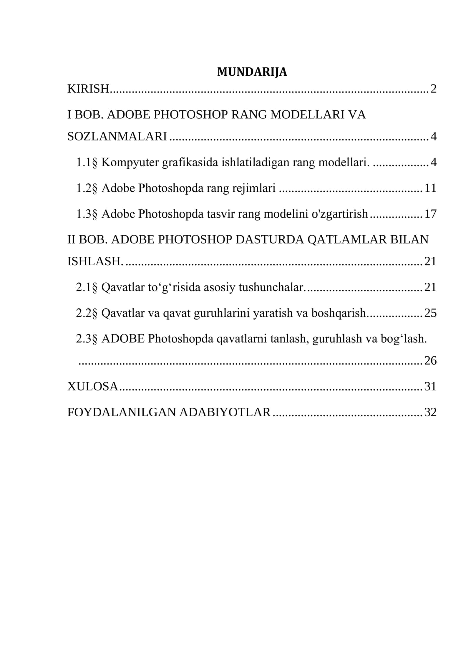 ADOBE PHOTOSHOP RANG MODELLARI VA SOZLANMALARI