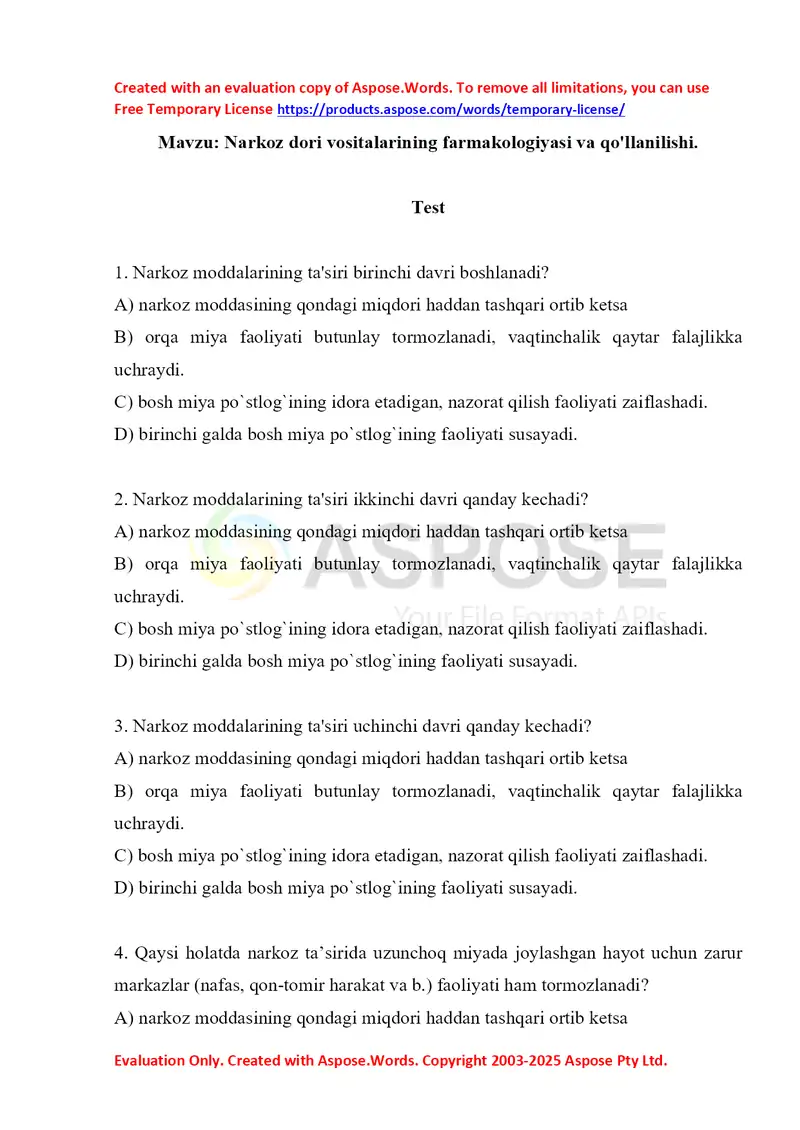 Narkoz dori vositalarining farmakologiyasi va qo'llanilishi. Test 10 ta.