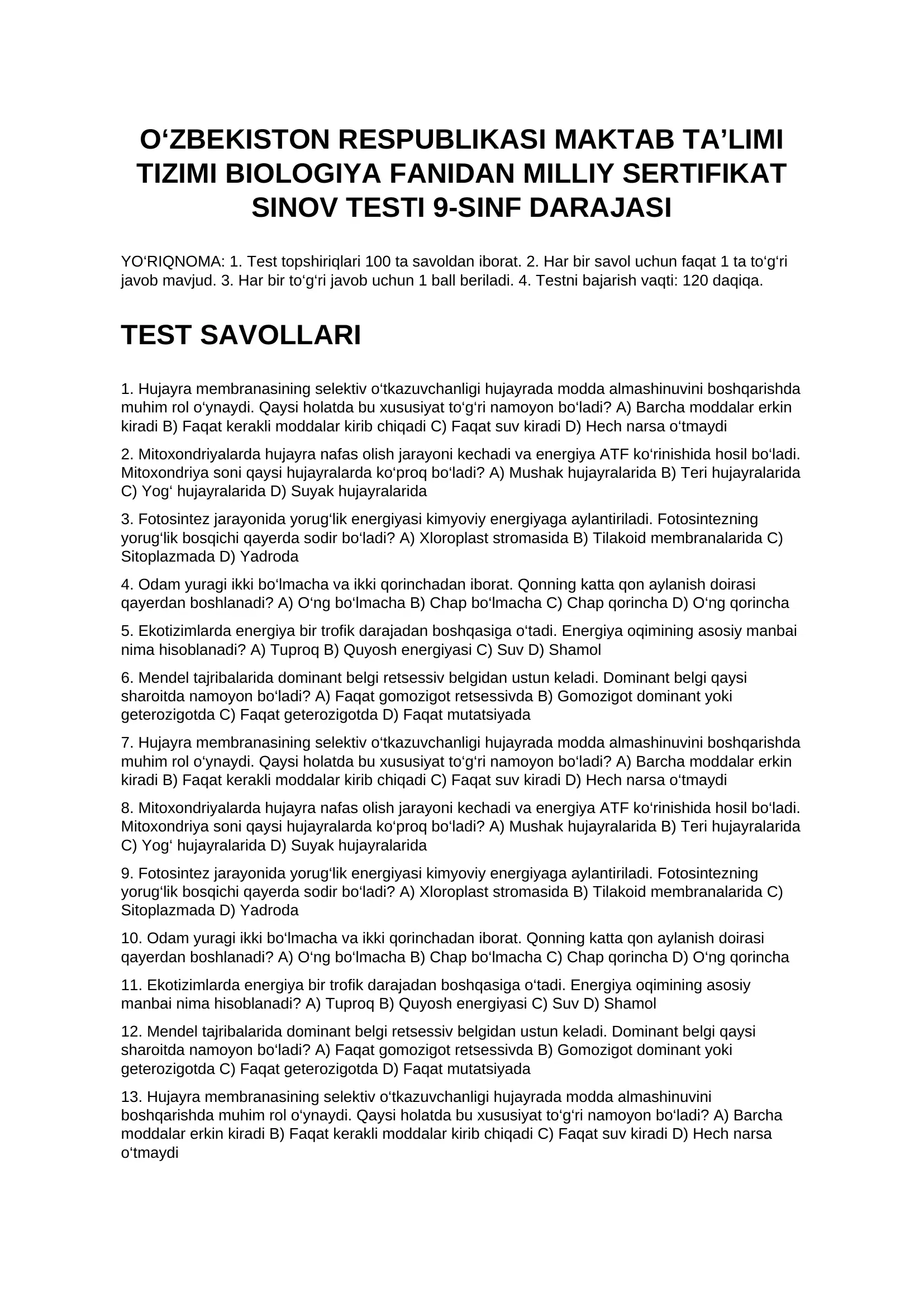 BIOLOGIYA FANIDAN MILLIY SERTIFIKAT SINOV TESTI 9-SINF DARAJASI