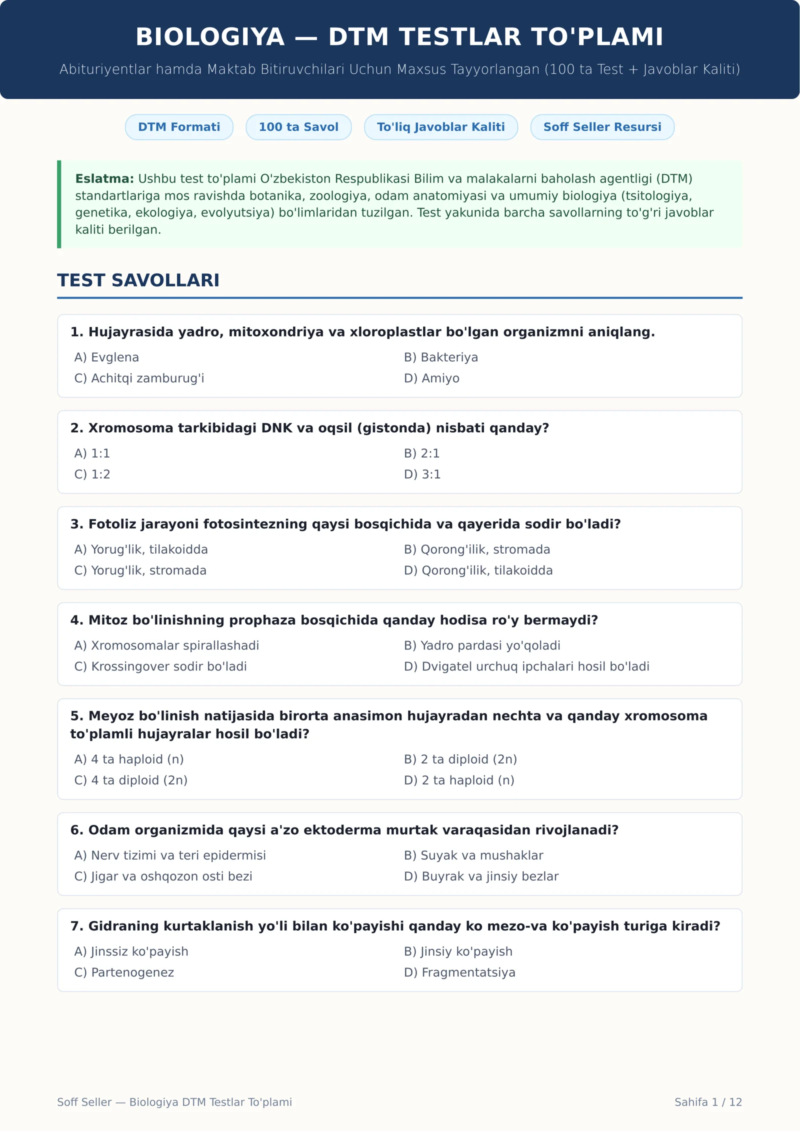 BIOLOGIYA — DTM TESTLAR TO'PLAMI