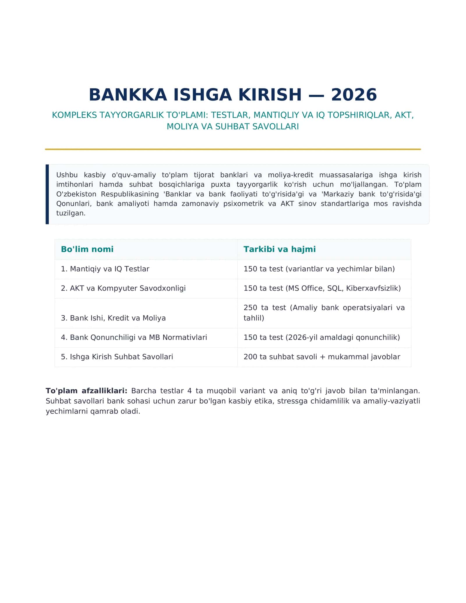 Bankka ishga kirish 2026 — 700+ test, mantiq, AKT, moliya va suhbat