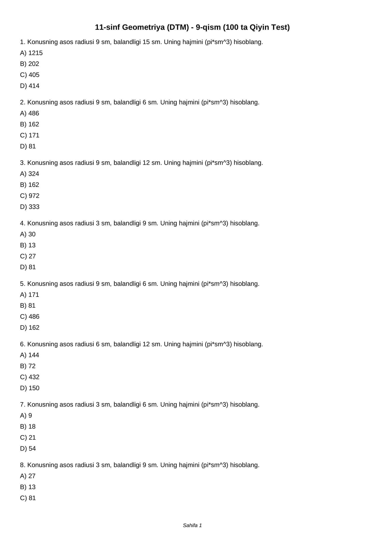 11-sinf Geometriya (DTM) - 9-qism (100 ta Qiyin Test)