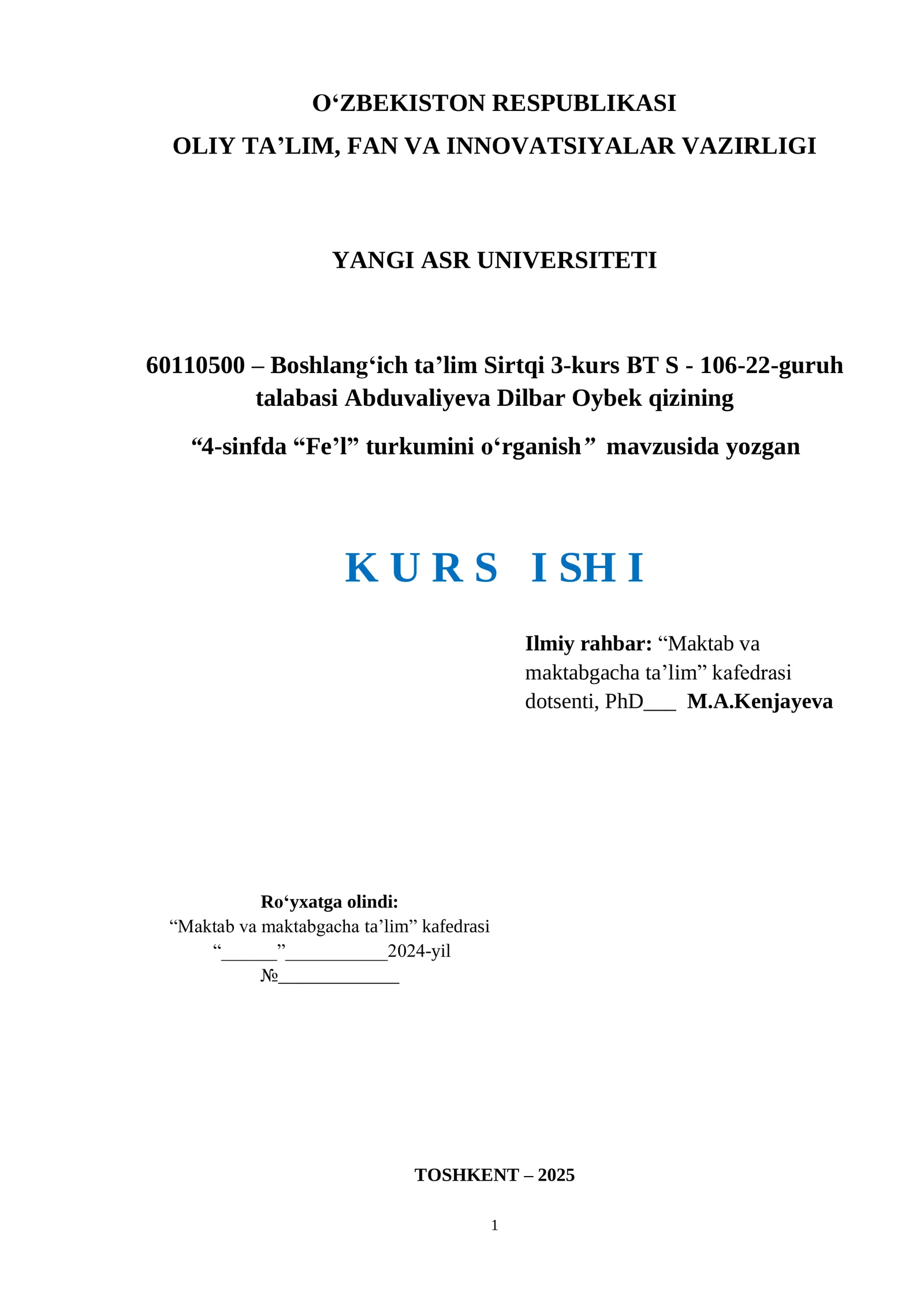 “4-sinfda “Fe’l” turkumini o‘rganish”