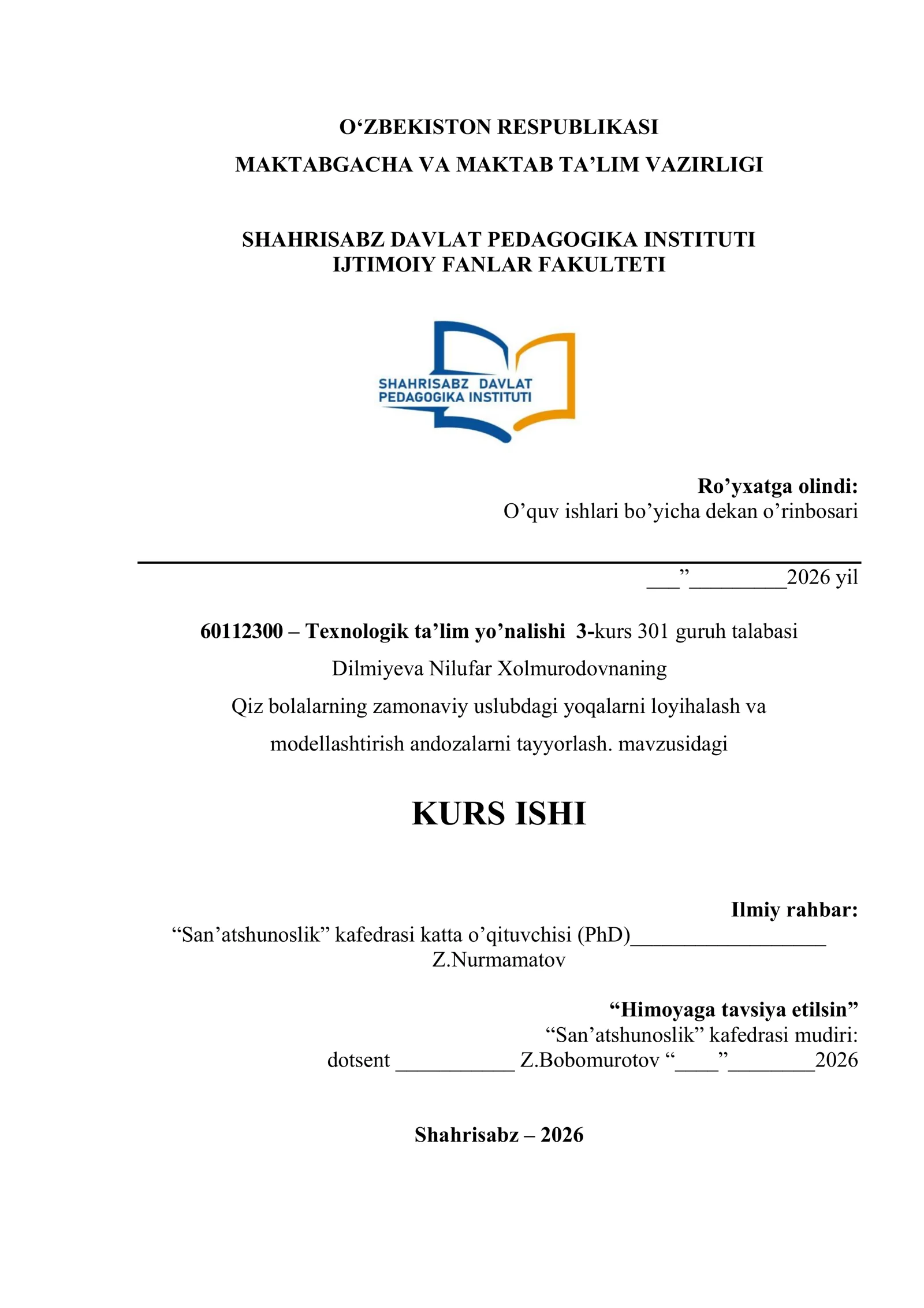 Texnologik ta'lim yo’nalishi 3-kurs 301 guruh talabasi