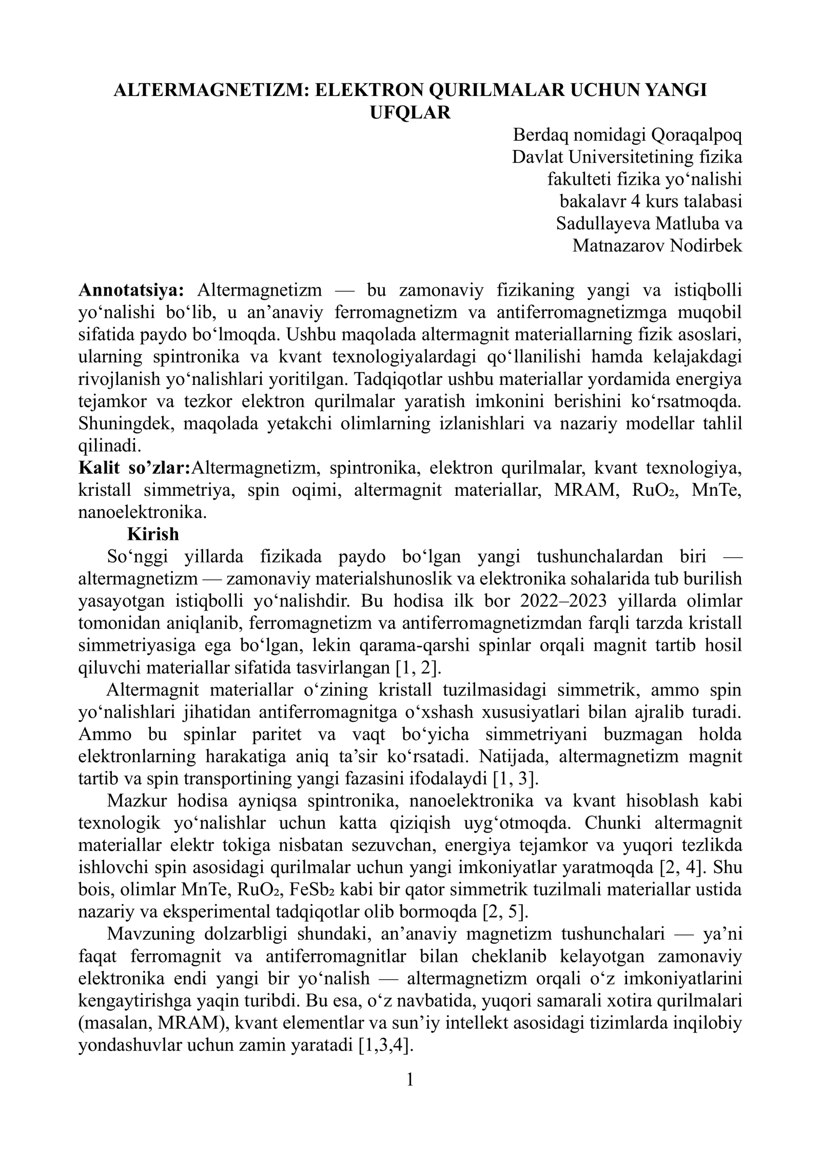 ALTERMAGNETIZM: ELEKTRON QURILMALAR UCHUN YANGI UFQLAR