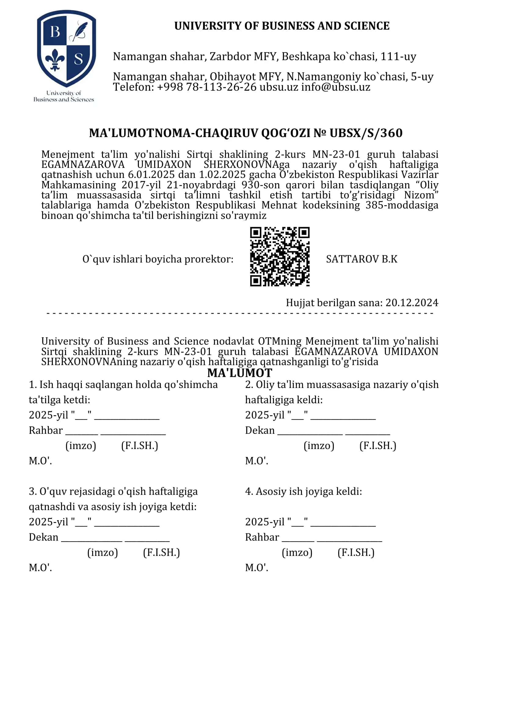 Menejment ta'lim yo'nalishi Sirtqi shaklining 2-kurs MN-23-01 guruh talabasi EGAMNAZAROVA UMIDAXON SHERXONOVNAga nazariy o'qish