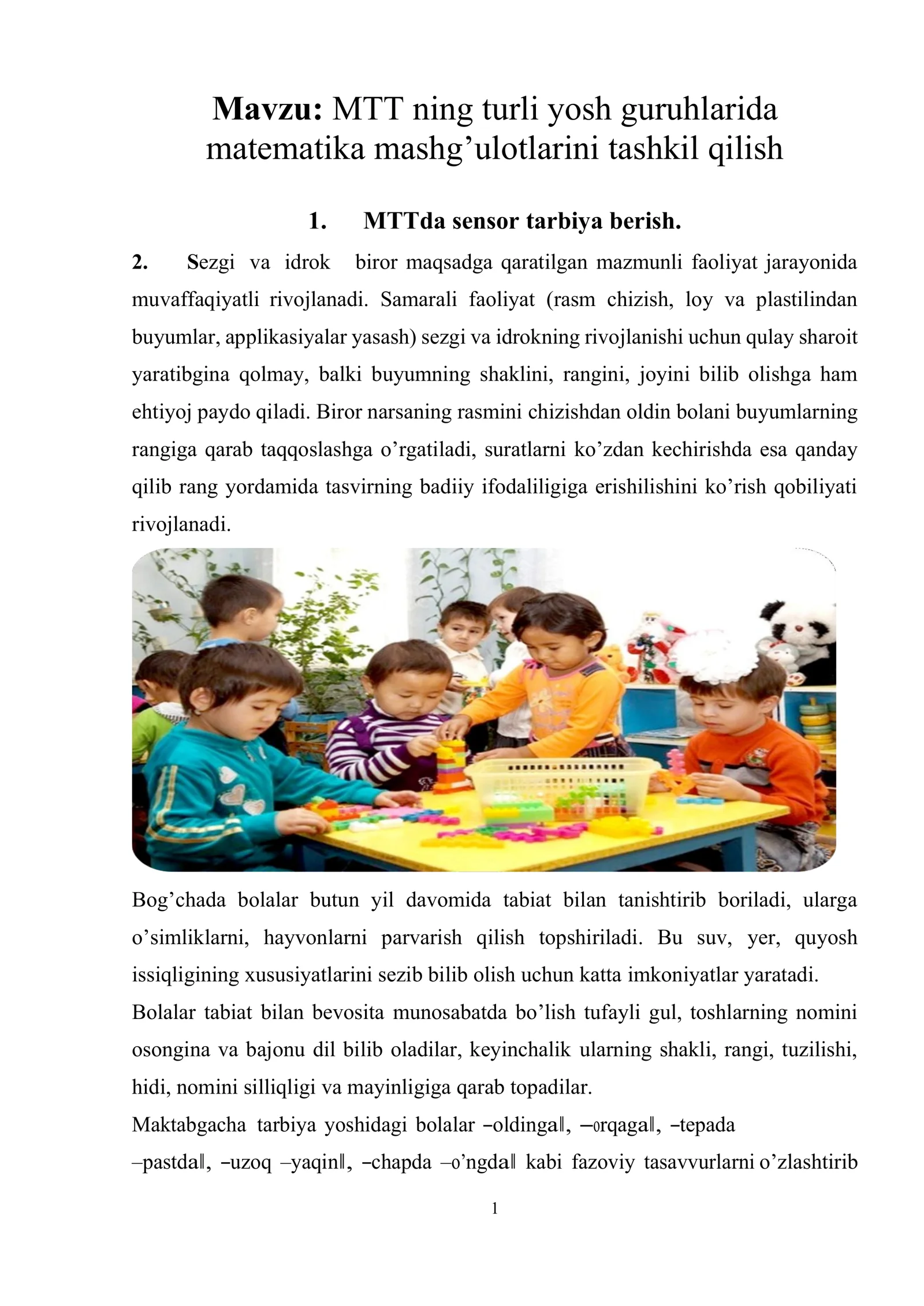 MTT ning turli yosh guruhlarida matematika mashg’ulotlarini tashkil qilish
