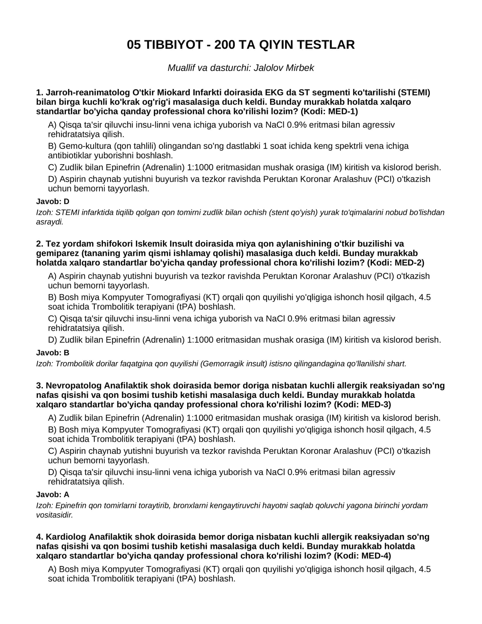 05 TIBBIYOT - 200 TA QIYIN TESTLAR
