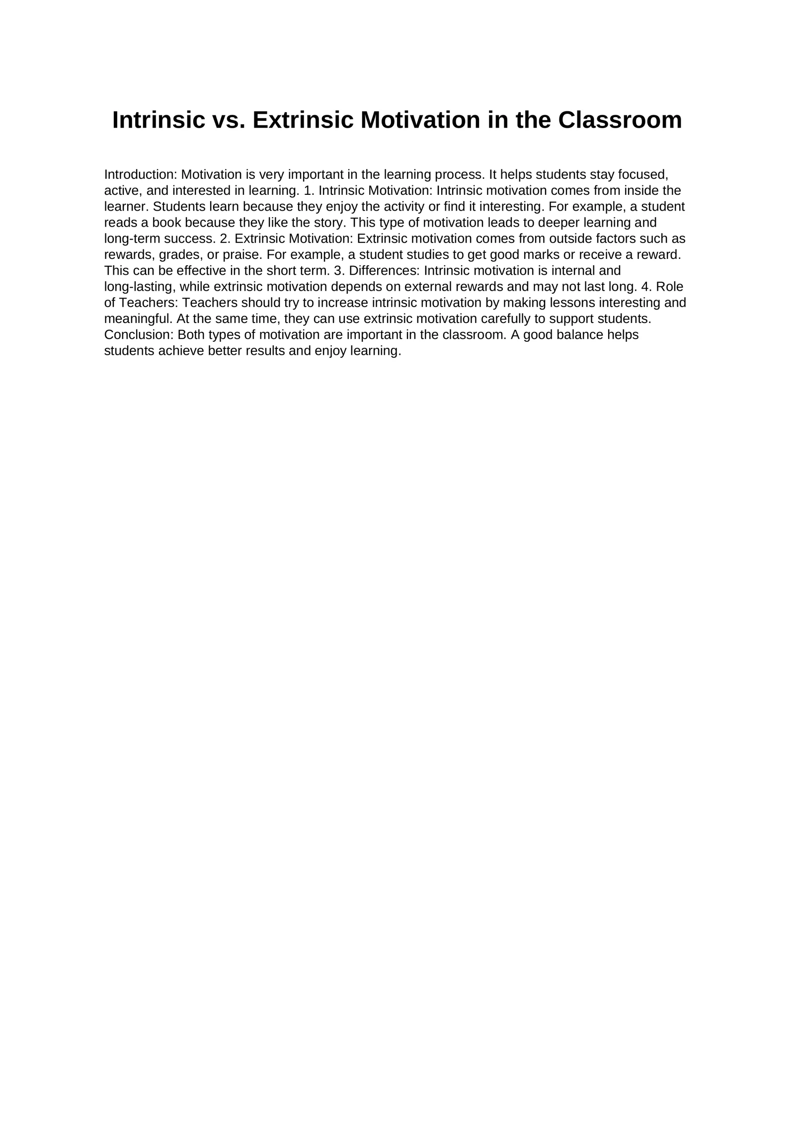 Intrinsic vs. Extrinsic Motivation in the Classroom
