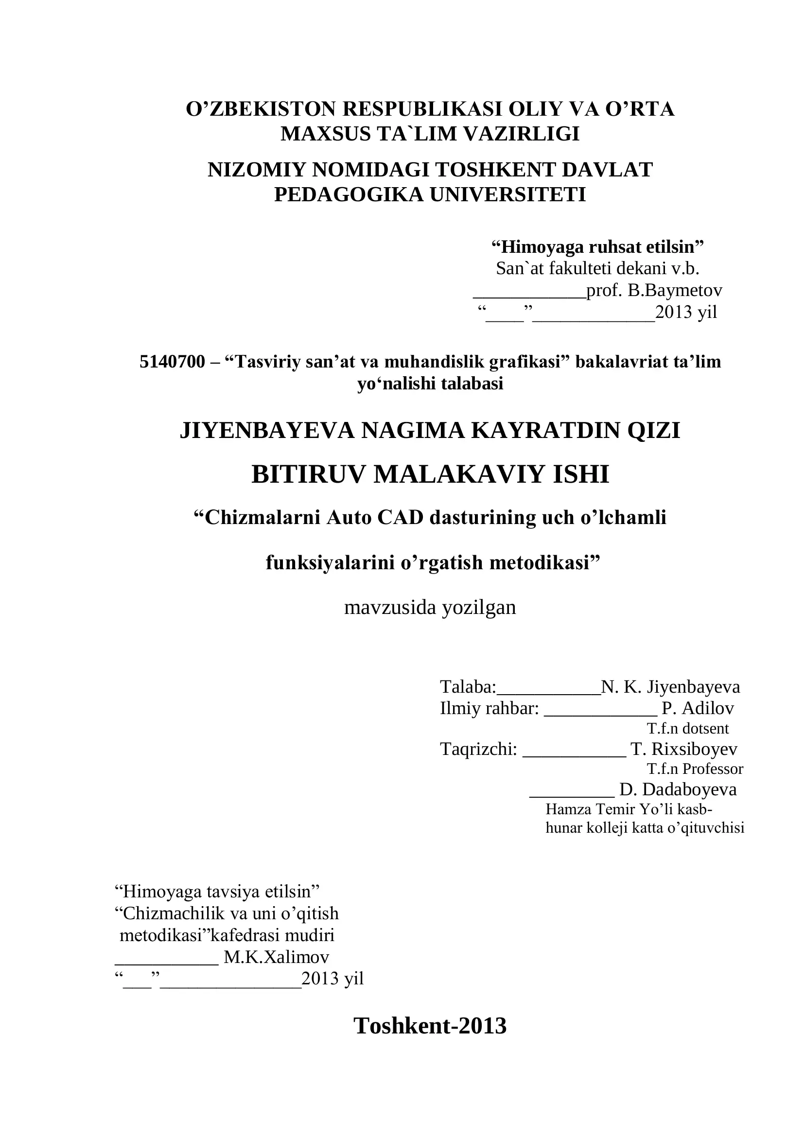 Chizmalarni Auto CAD dasturining uch o’lchamli funksiyalarini o’rgatish metodikasi