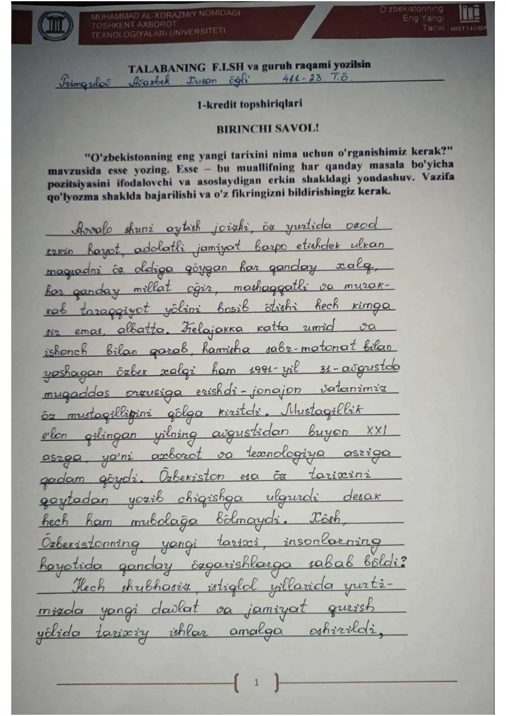 O'zbekston tarixi (1-mustaqil ish)