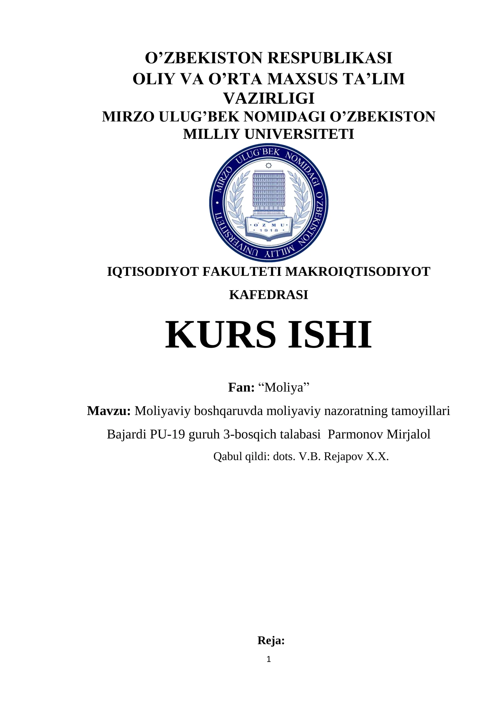 Moliyaviy boshqaruvda moliyaviy nazoratning tamoyillari