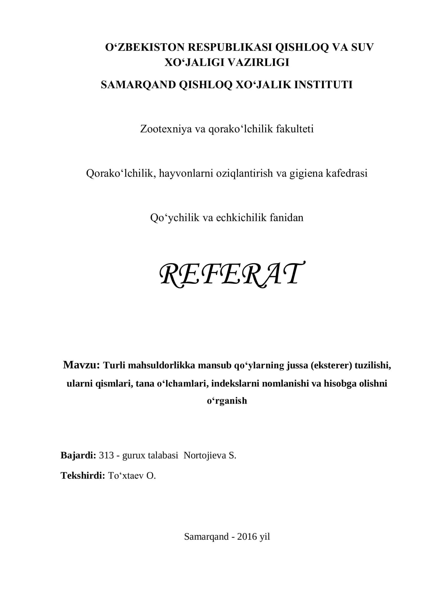 Turli mahsuldorlikka mansub qo‘ylarning jussa (eksterer) tuzilishi