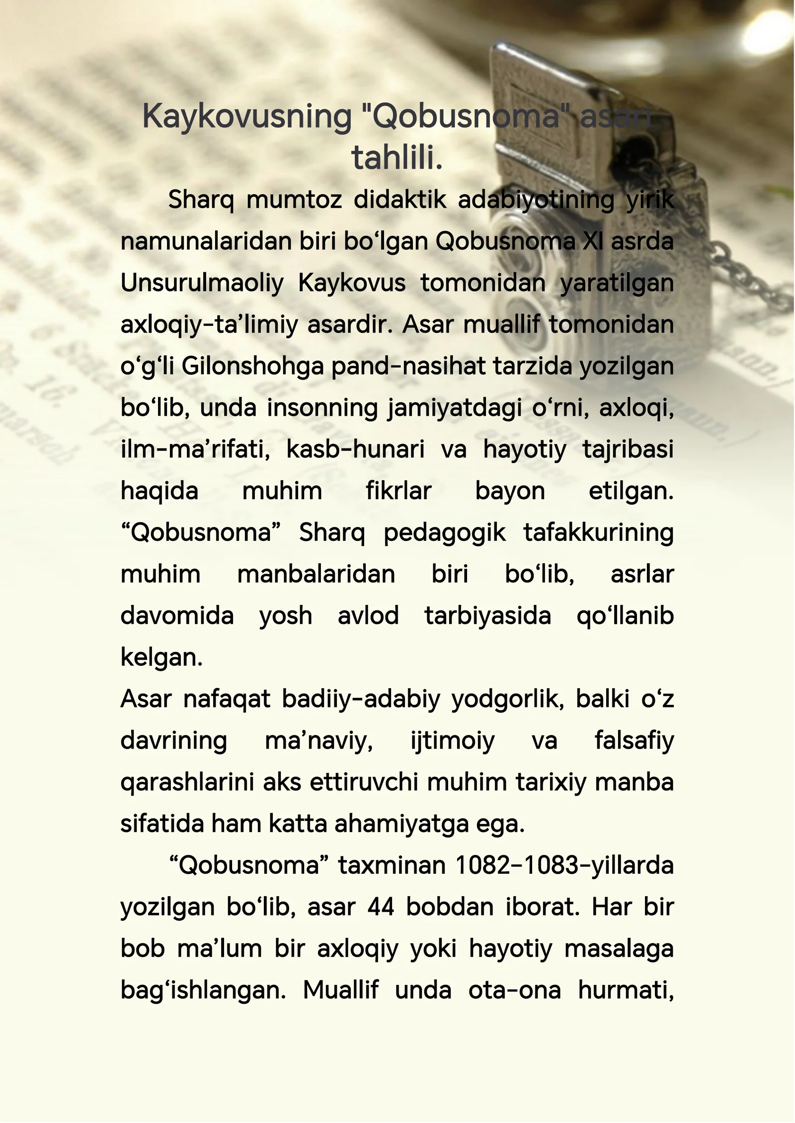 Kaykovusning "Qobusnoma" asari tahlili