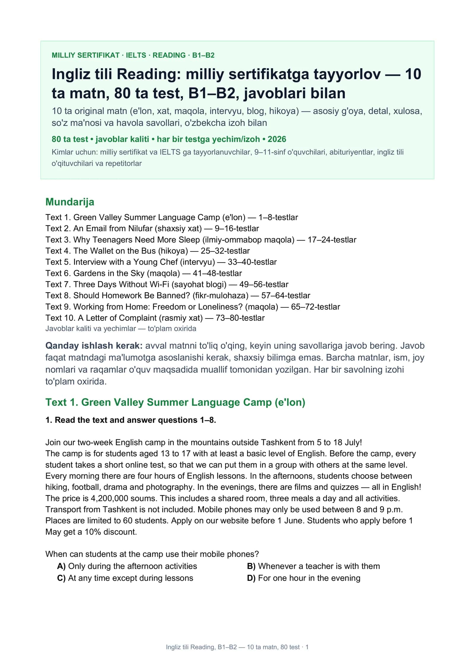 Ingliz tili Reading, B1–B2