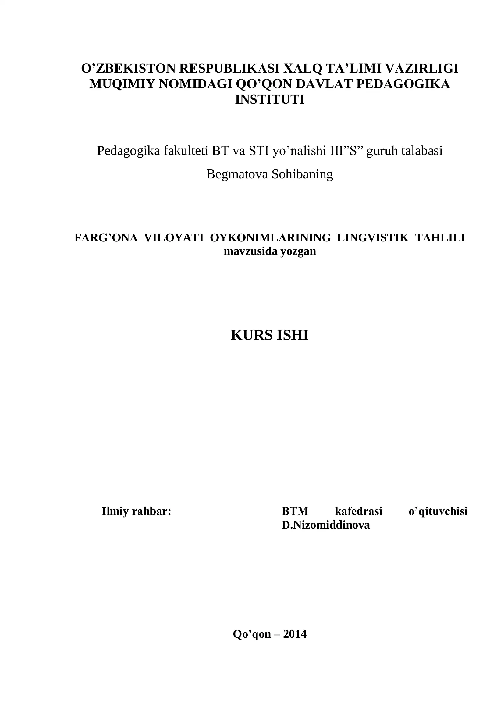 FАRG’ОNА VILОYATI ОYKОNIMLАRINING LINGVISTIK TАHLILI