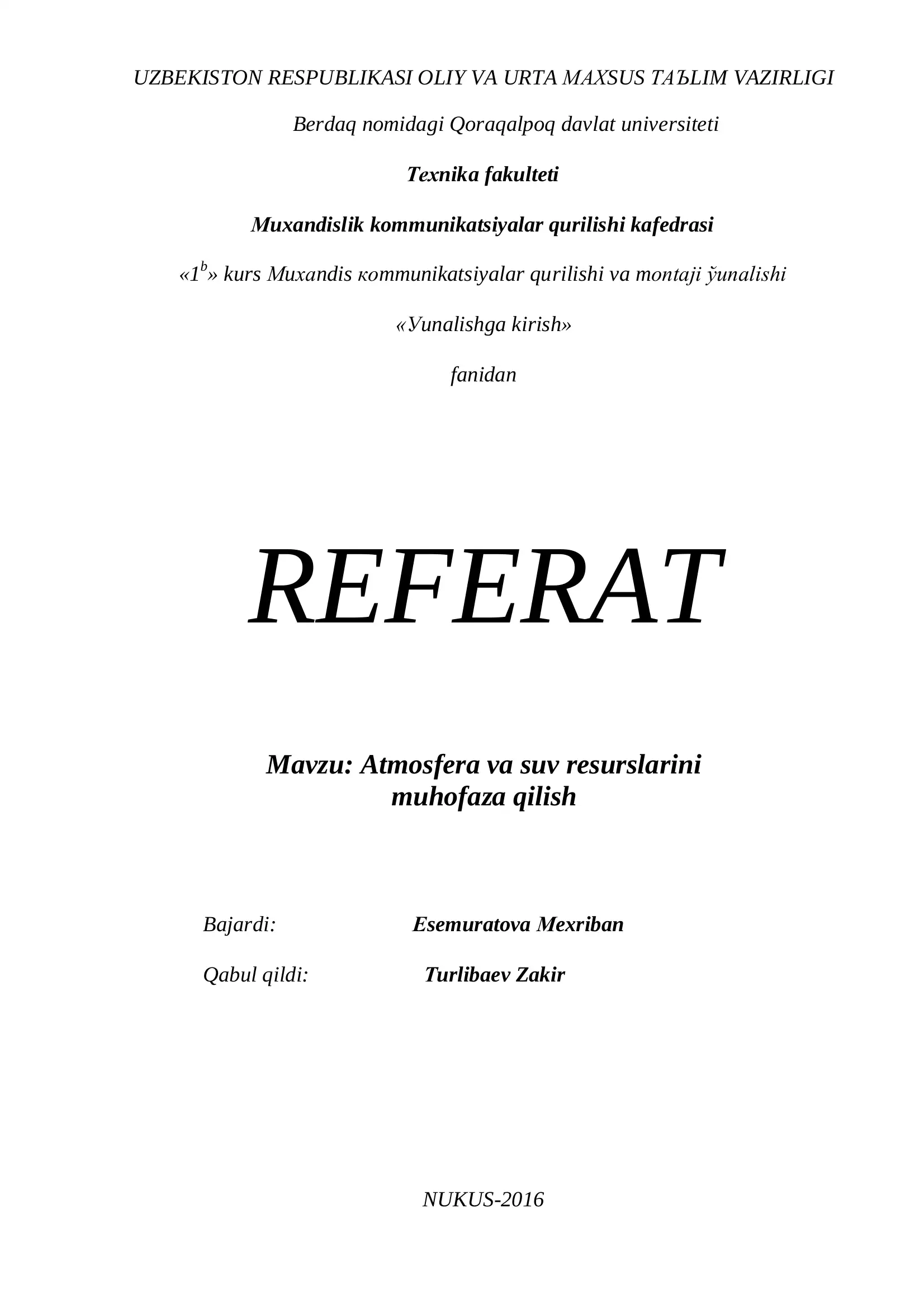 REFERAT: Atmosfera va suv resurslarini muhofaza qilish