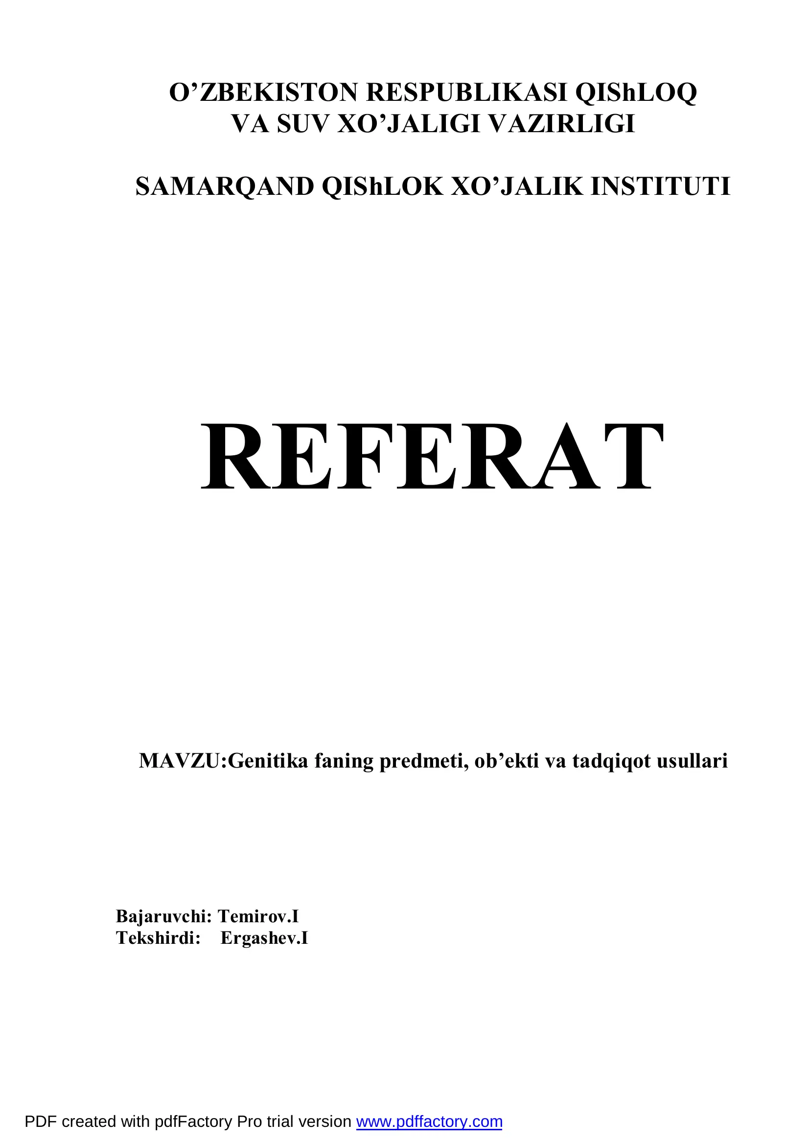 Genetika fanining predmeti, obyekti va tadqiqot usullari