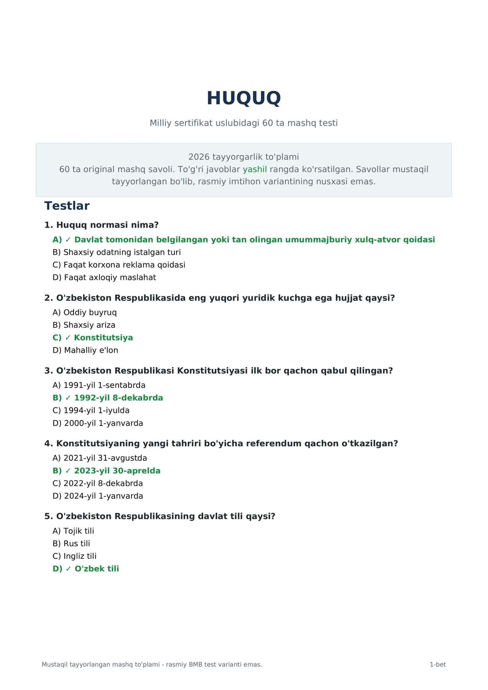 🔥 HUQUQ FANIDAN 60 TA TEST + TO‘G‘RI JAVOBLAR | IMTIHON VA SERTIFIKATGA TAYYORLOV | 2026 📚