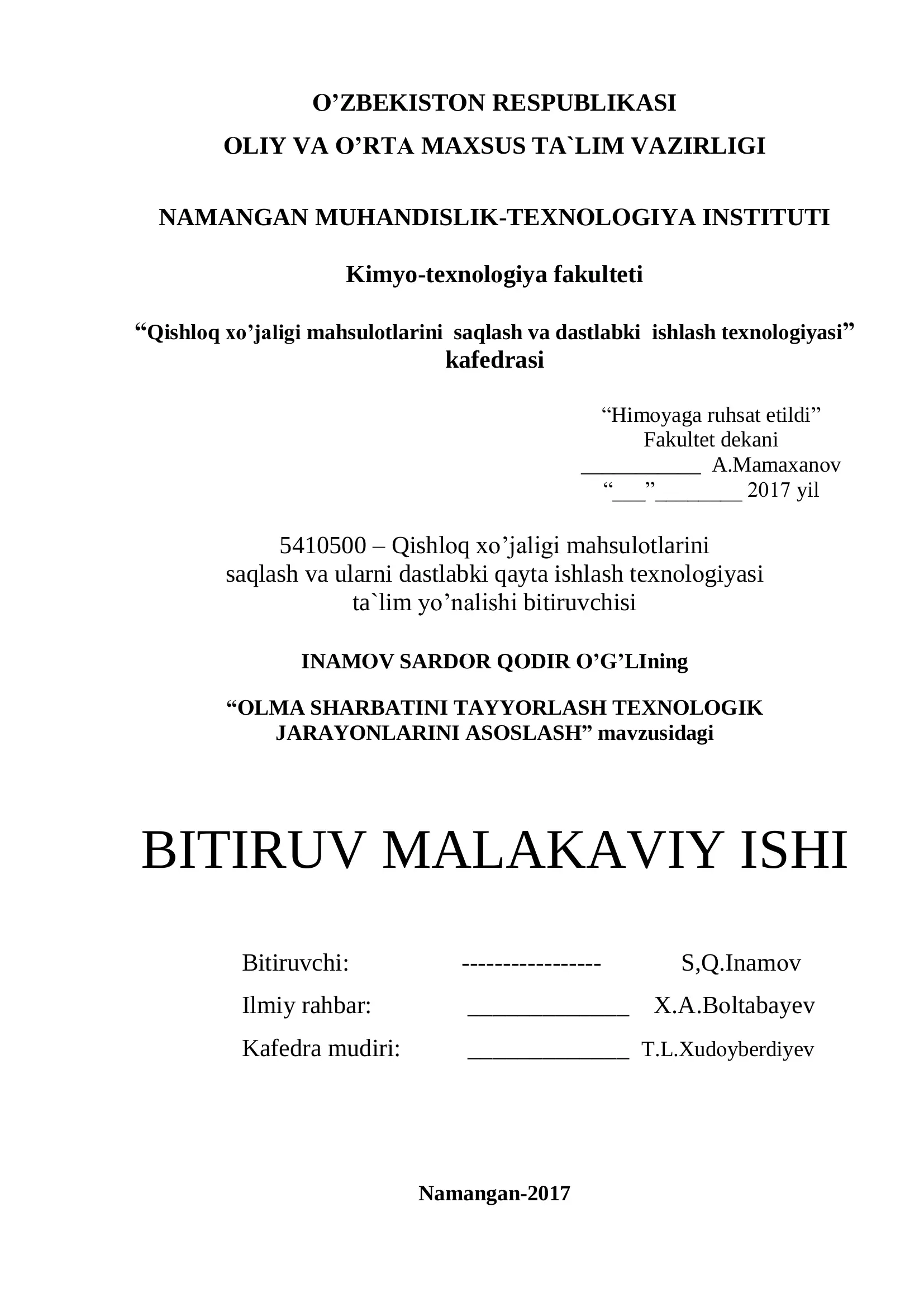 Qishloq xo'jaligi mahsulotlarini saqlash va dastlabki ishlash texnologiyasi ta'lim yo'nalishi bitiruvchisi