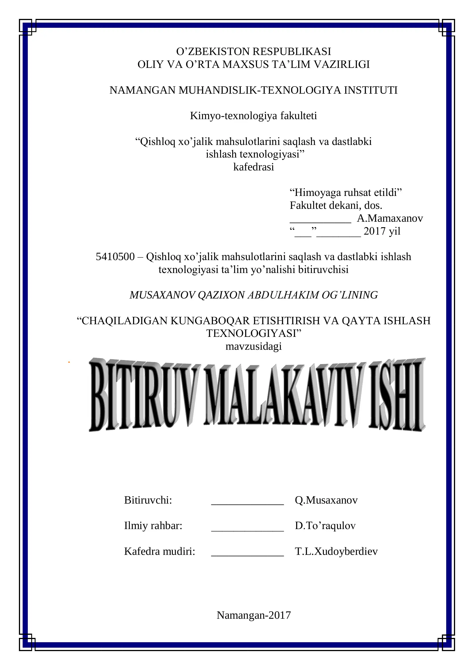 Qishloq xo‘jalik mahsulotlarini saqlash va dastlabki ishlash texnologiyasi