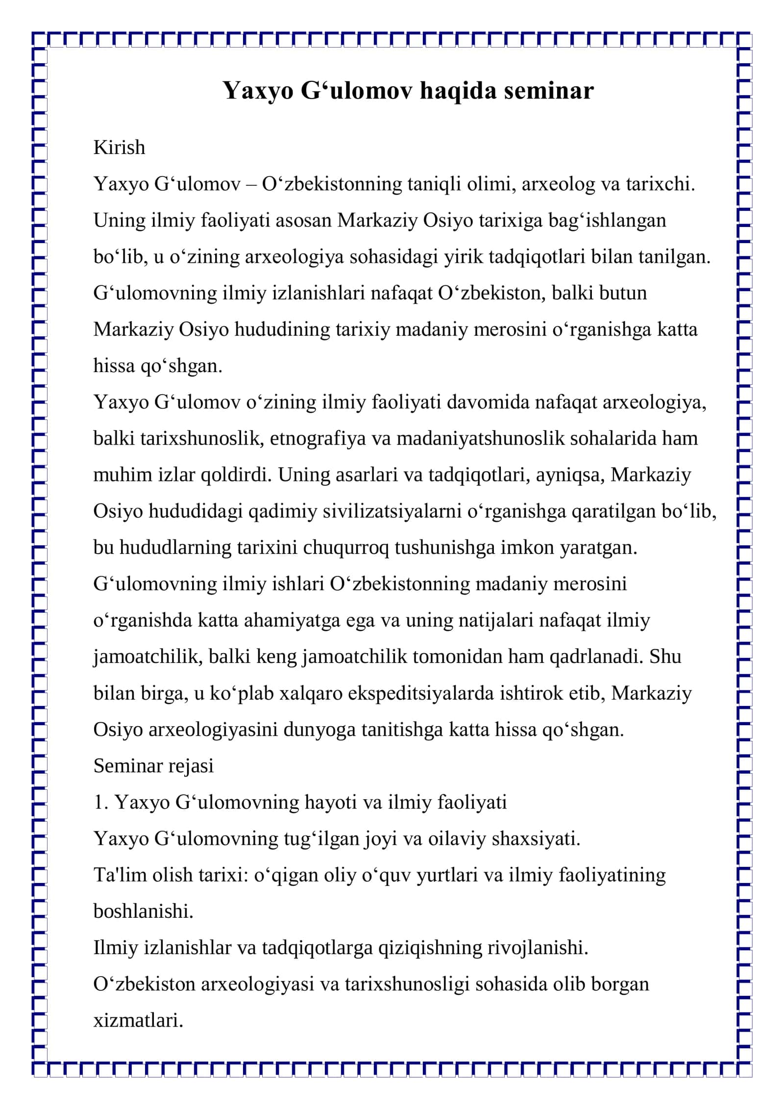 Yaxyo G‘ulomov haqida seminar