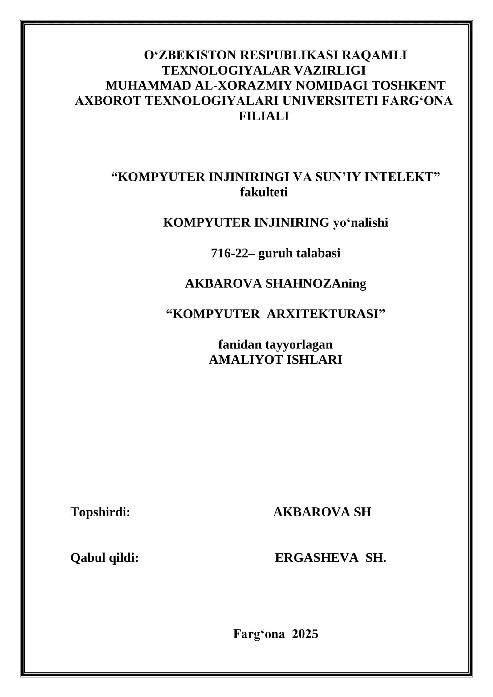 KOMPYUTER ARXITEKTURASI fanidan tayyorlagan AMALIYOT ISHLARI