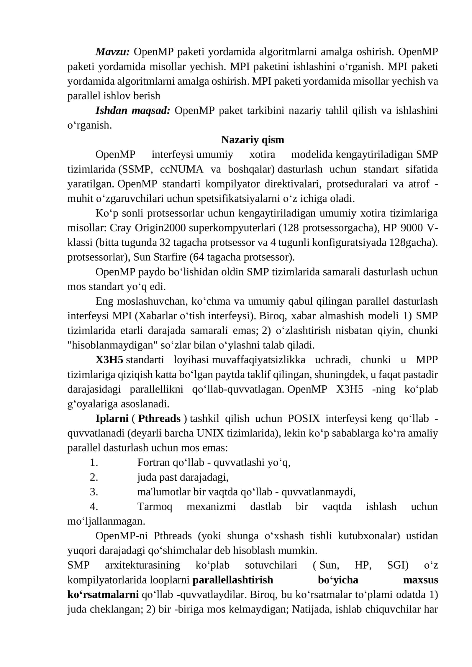 OpenMP paketi yordamida algoritmlarni amalga oshirish
