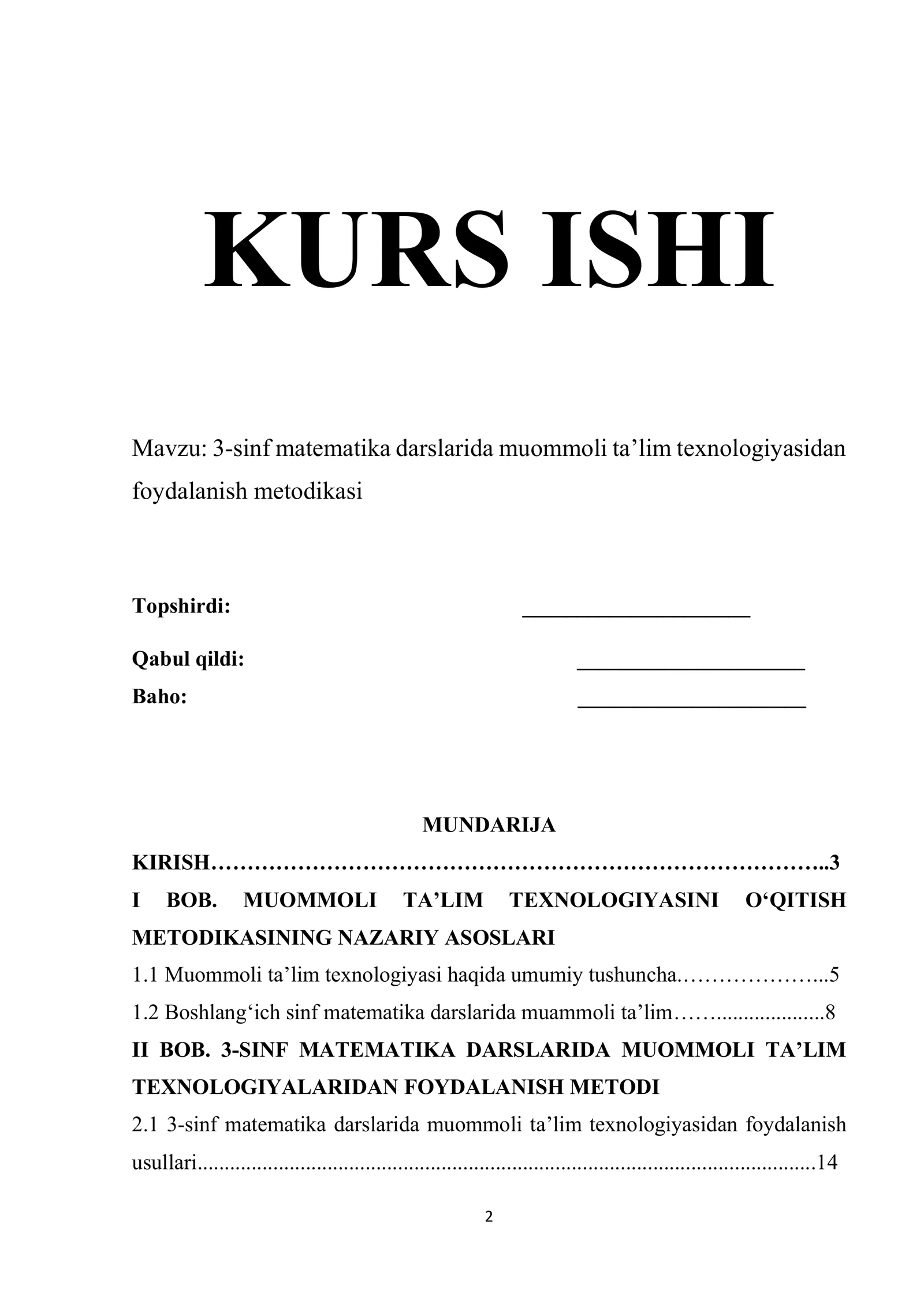 3-sinf matematika darslarida muommoli ta’lim texnologiyasidan foydalanish metodikasi