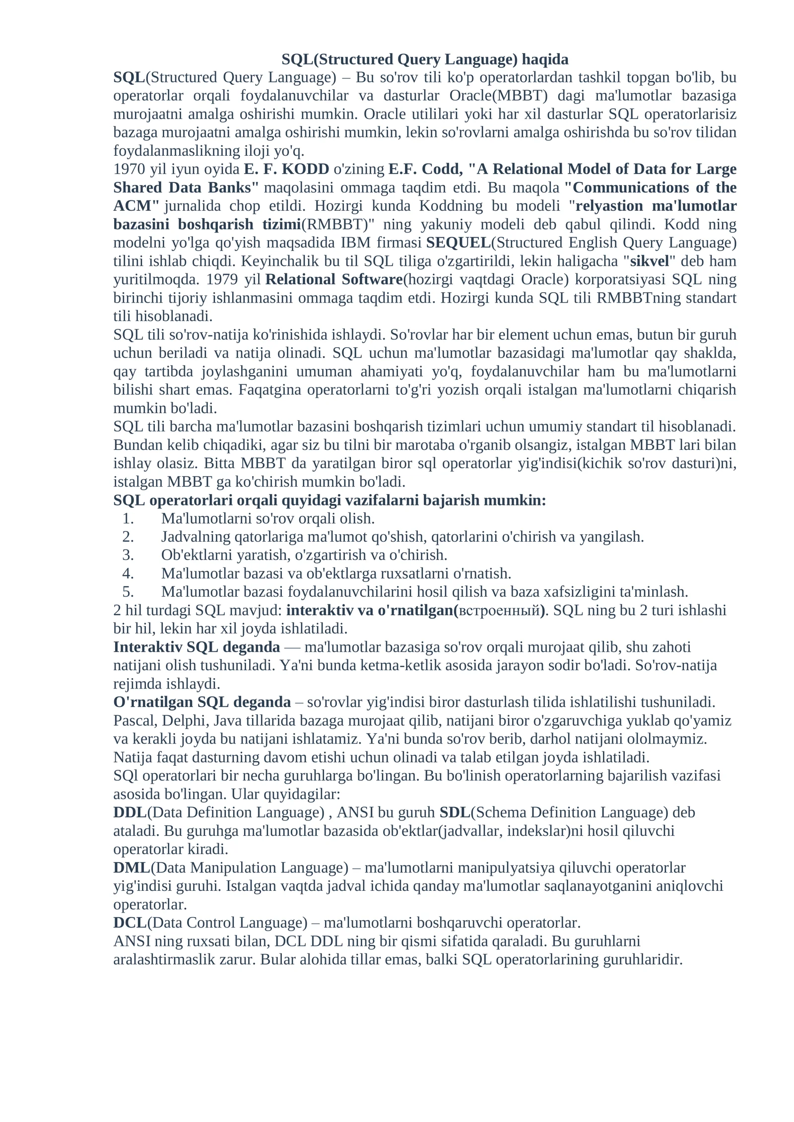 SQL(Structured Query Language) haqida