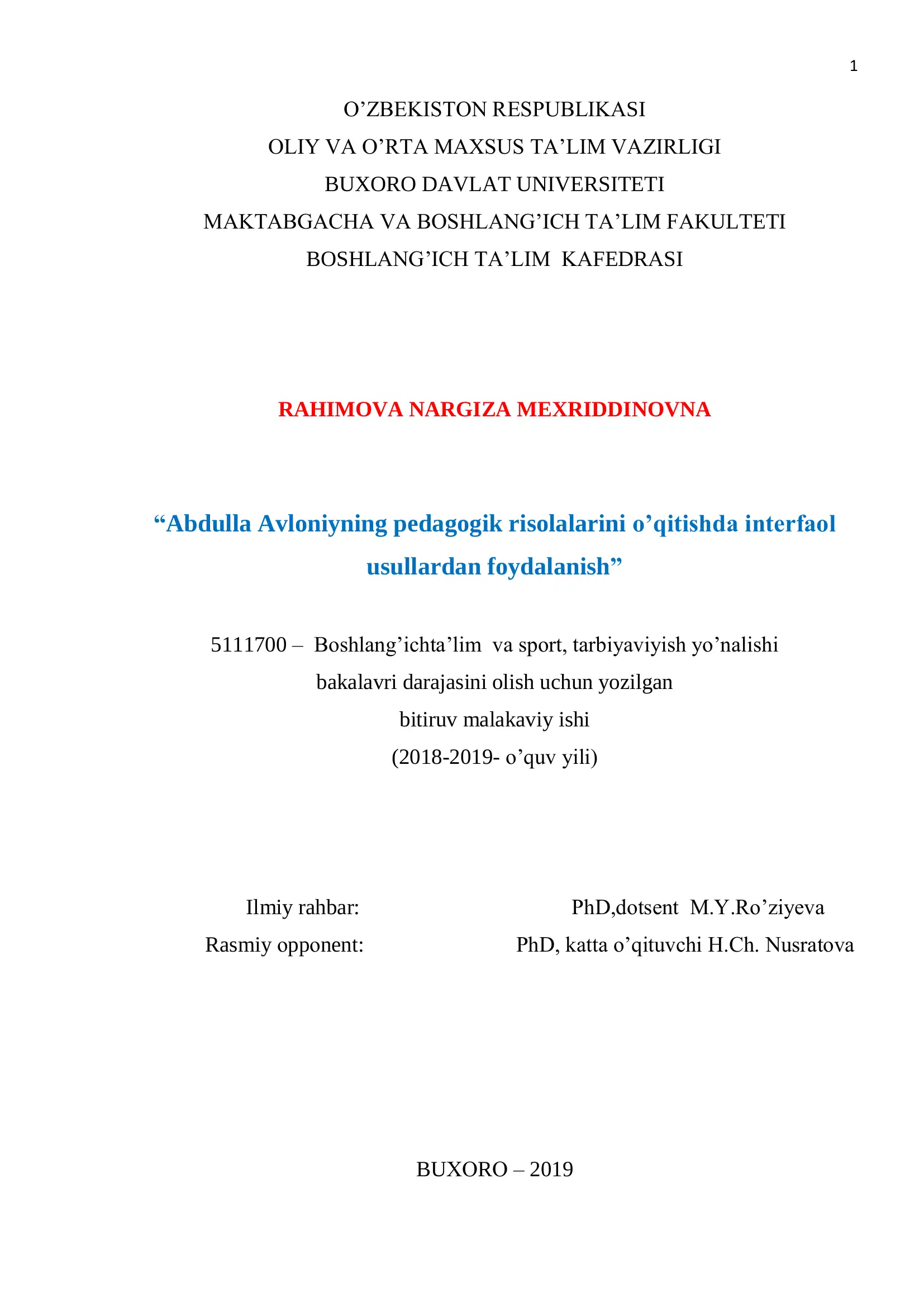 Abdulla Avloniyning pedagogik risolalarini o’qitishda interfaol usullardan foydalanish