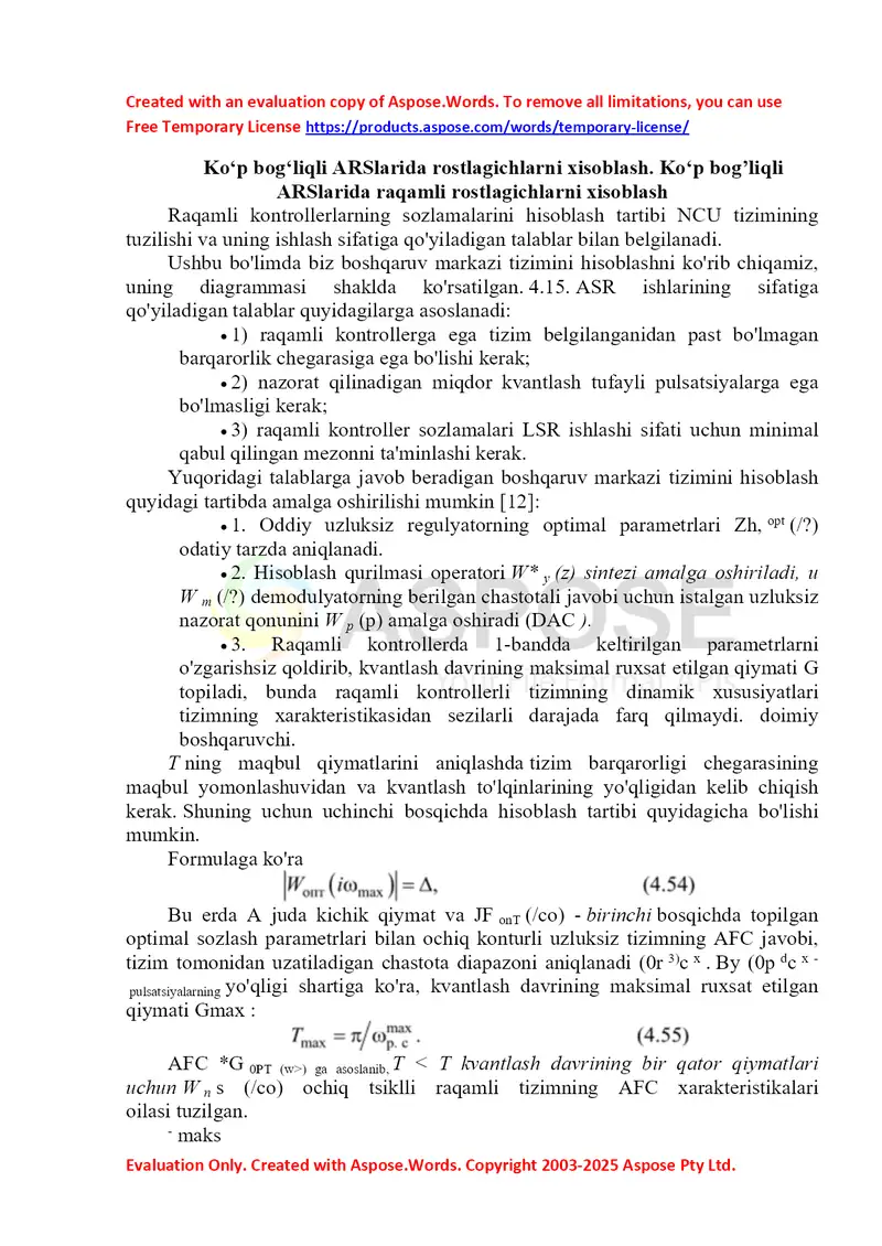 Ko‘p bog‘liqli ARSlarida raqamli rostlagichlarni hisoblash
