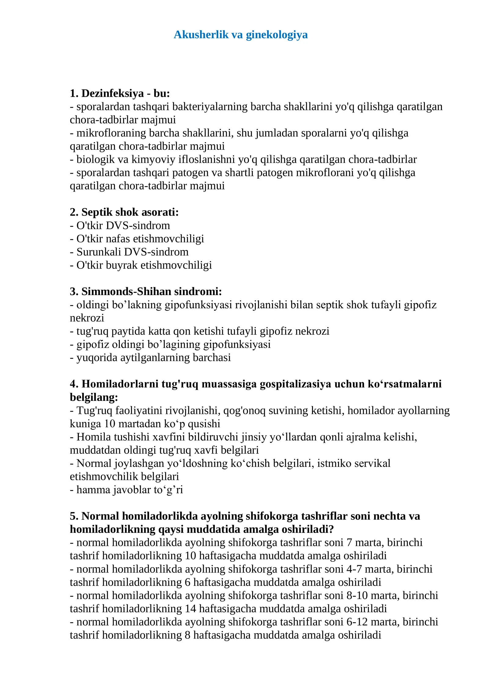 akusherlik va ginekologiya test (ordinatura va magistratura)
